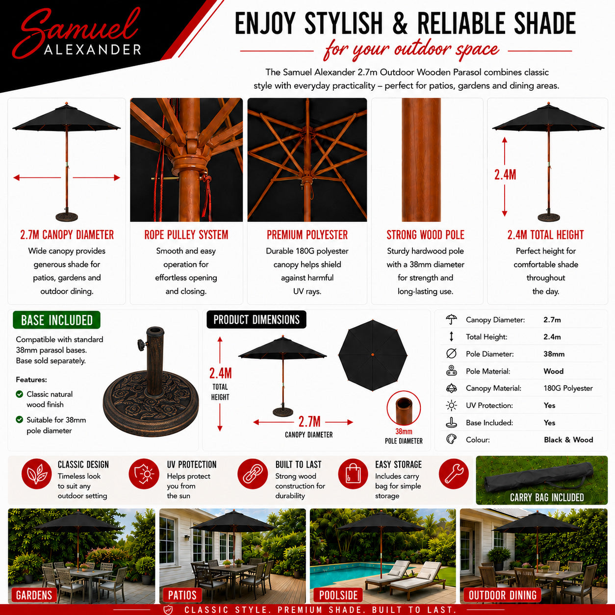 2.7m Outdoor Wooden Garden Parasol Sun Shade with Carry Bag in Black with 9kg Base Included