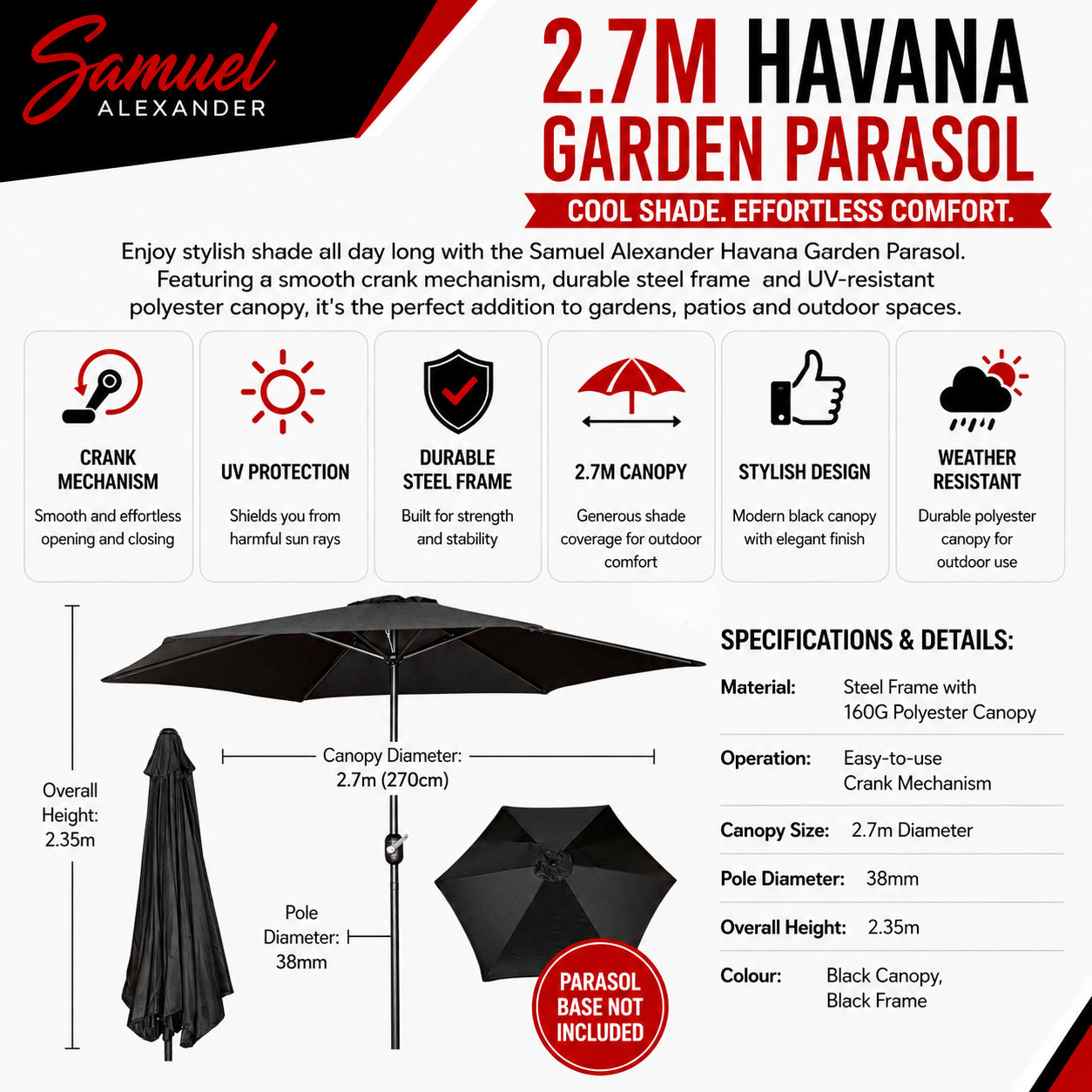 Samuel Alexander 2.7m Havana Garden Patio Parasol with Crank Handle in Black