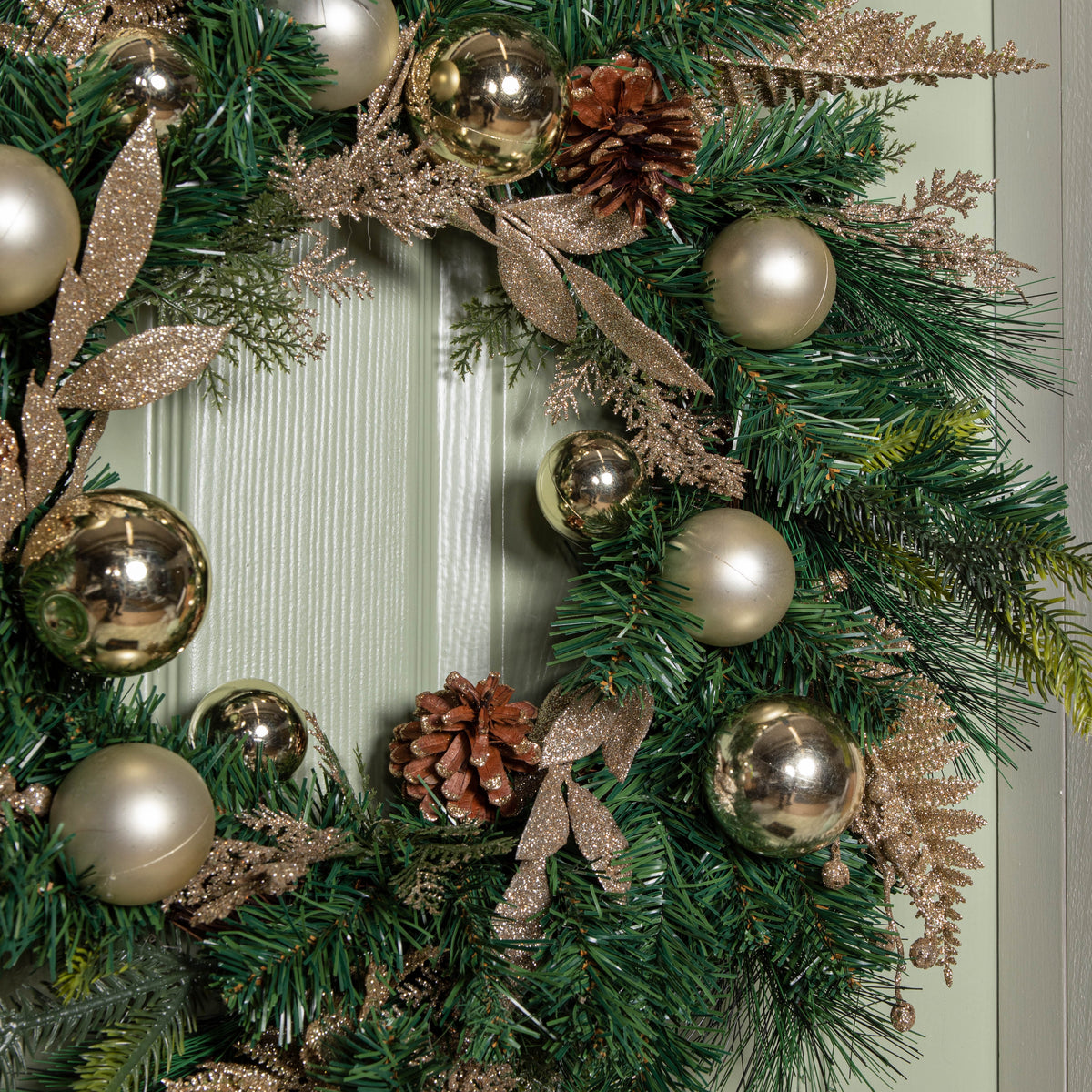60cm Hanging Christmas Wreath with Gold Baubles, Pinecones & Glitter Berries