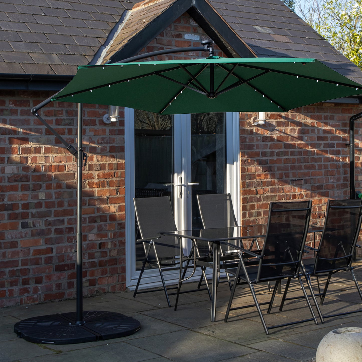 Outdoor 4 Person Rectangular Glass Top Garden Dining Table Chairs With Green Banana Lit Parasol and Base Set