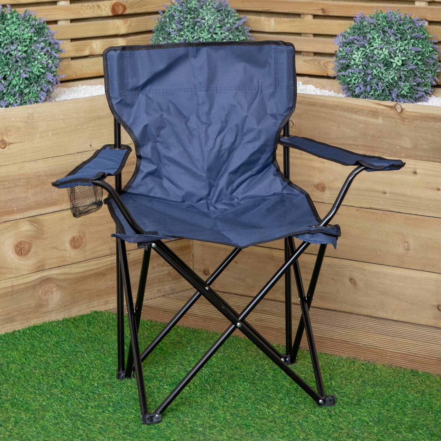 Outdoor Blue Folding Camping Chair with Armrests & Cupholder