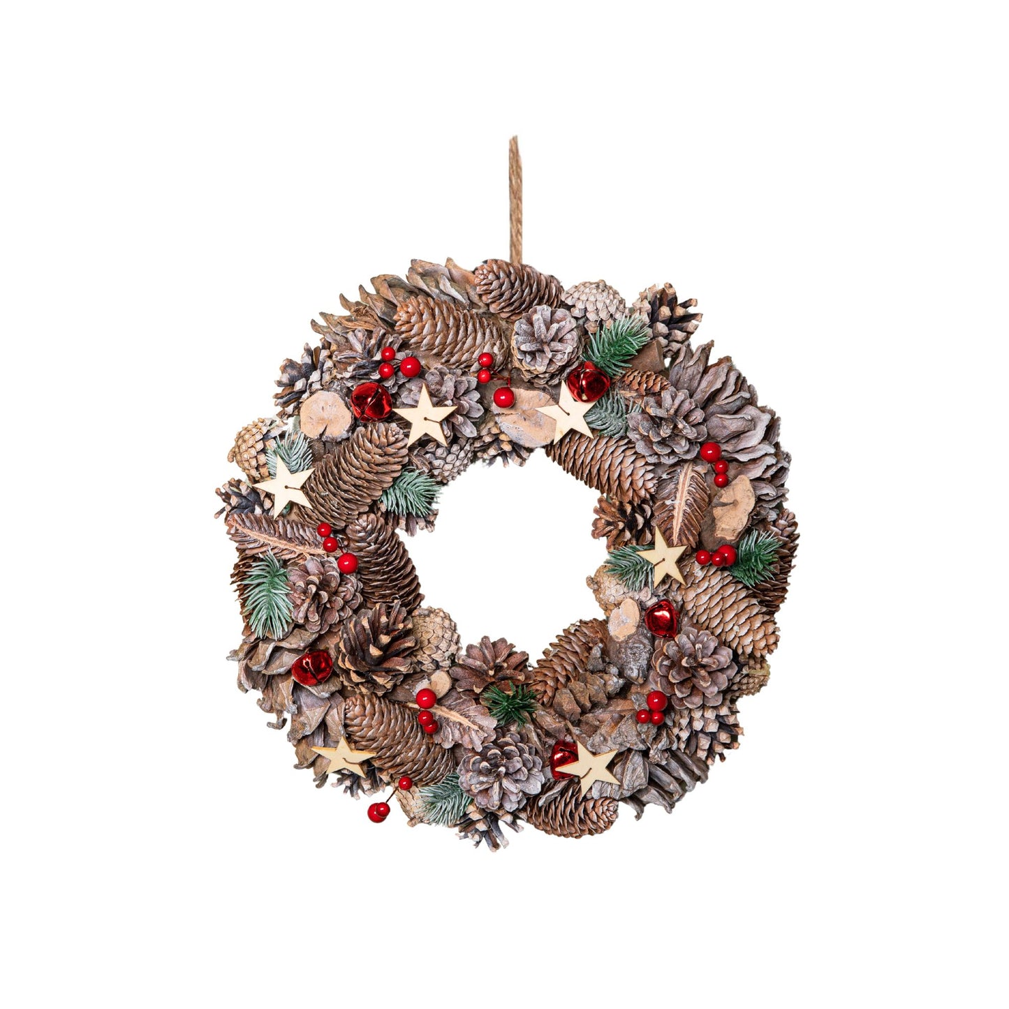 36cm Frosted Hanging Christmas Wreath with Red Jingle Bells & Wooden Stars