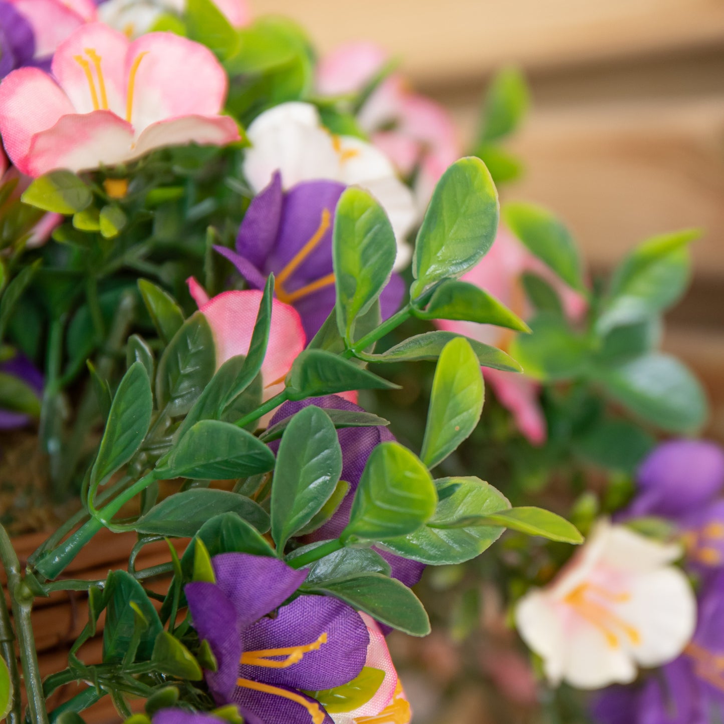 Large Outdoor Artificial Hanging Flower Basket with Petunias and Removable Chain