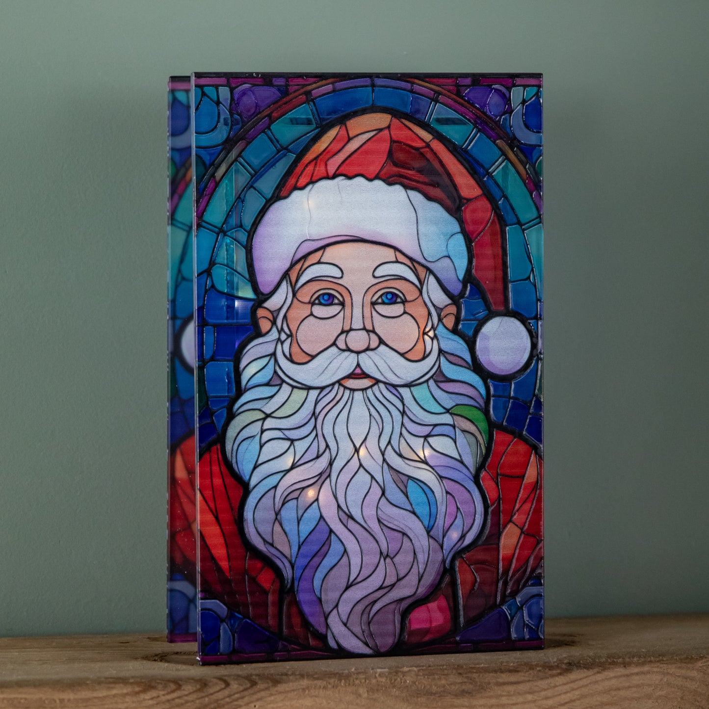 21cm Battery Operated Double Sided Stained Glass Santa Decoration with LEDs