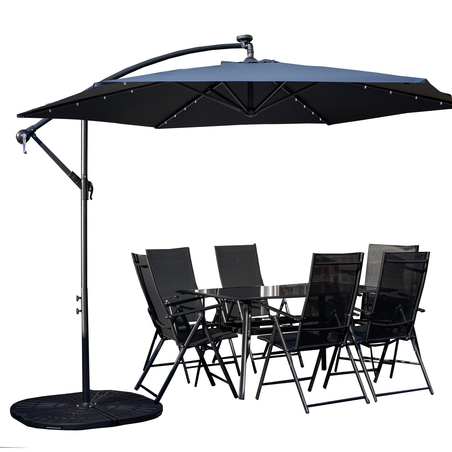 Outdoor 6 Person Rectangular Glass Top Garden Dining Table Chairs With Blue Banana Lit Parasol and Base Set