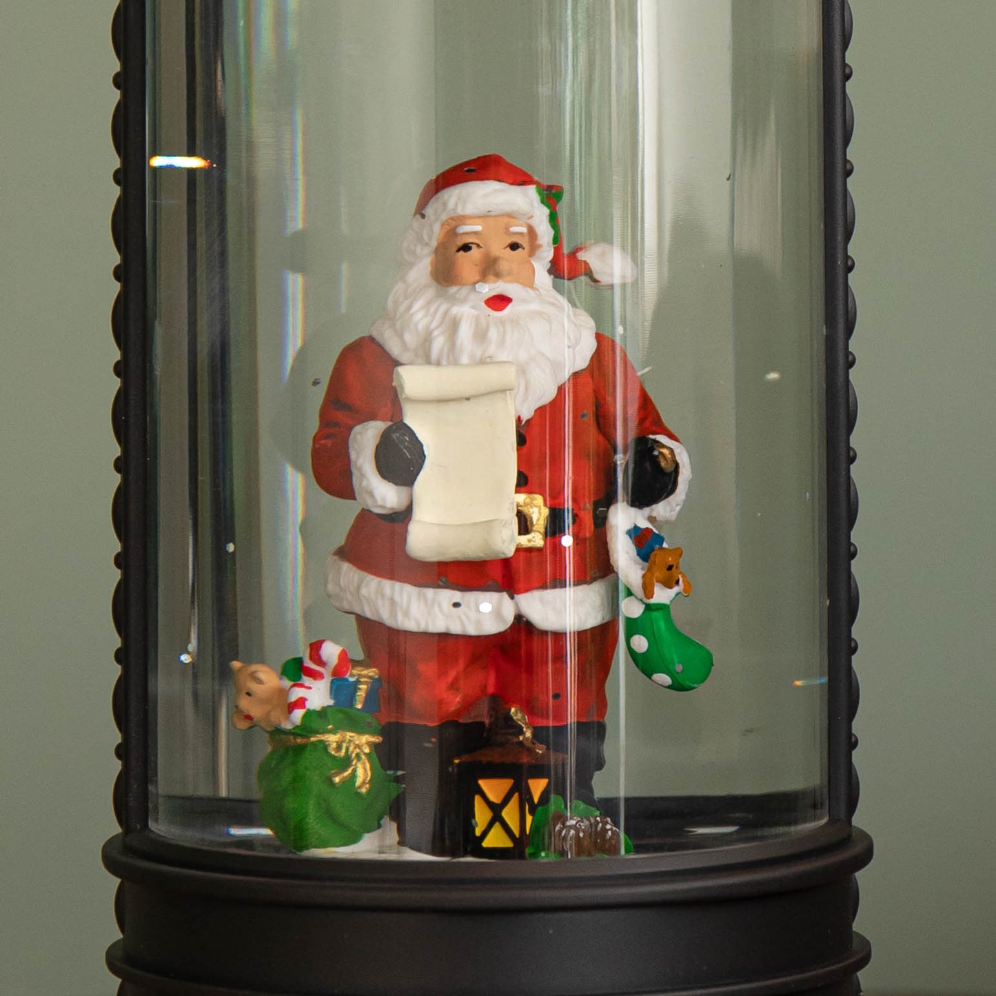 29cm Dual Power LED Christmas Glitter Water Spinner Black Lantern Santa Scene