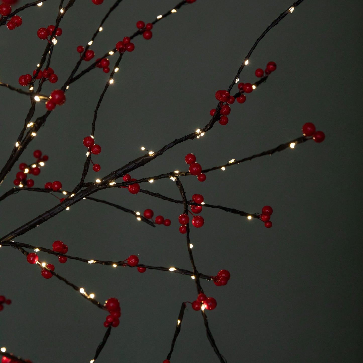 6ft (1.8m) Light up Black Christmas Twig Tree with Red Berries & Warm White LEDs