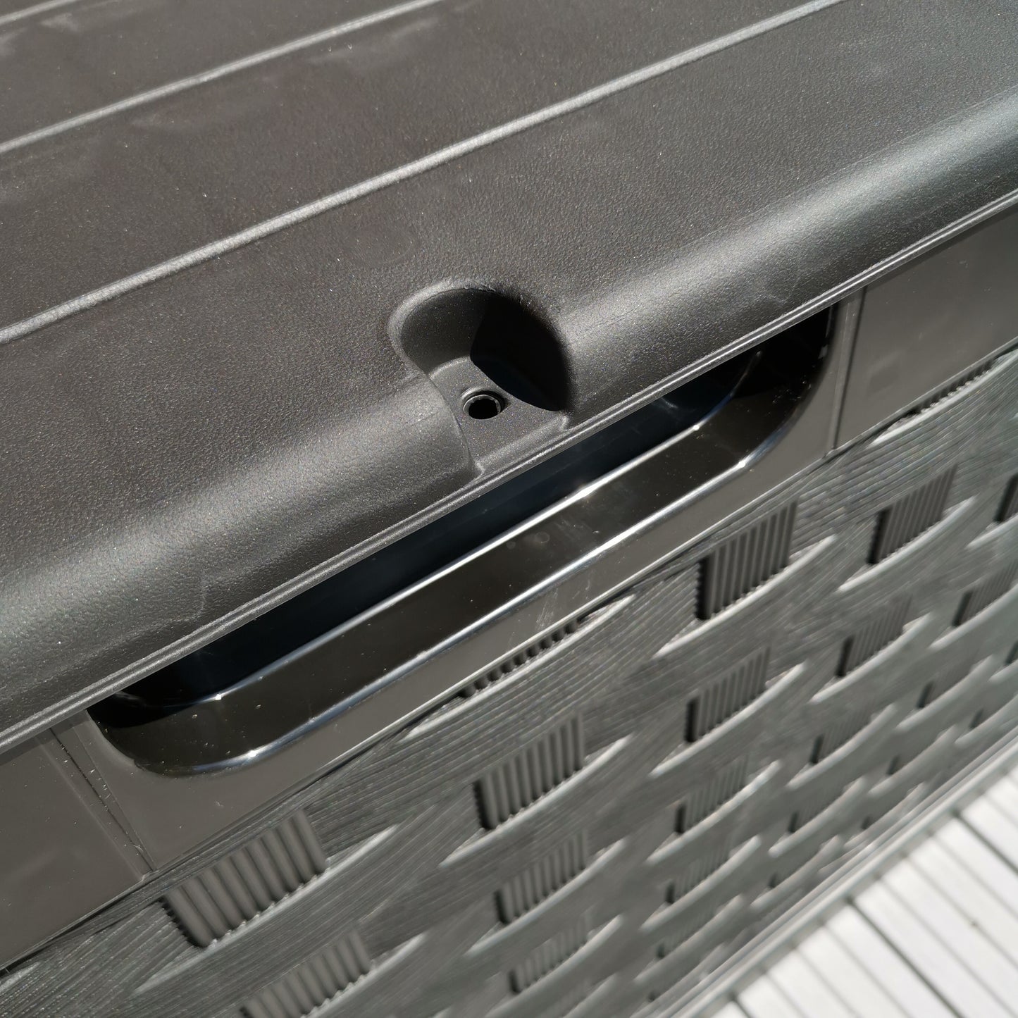 Factory Seconds: 335 Litre Rattan Style Garden Cushion Storage Box with Sit on Lid – Black