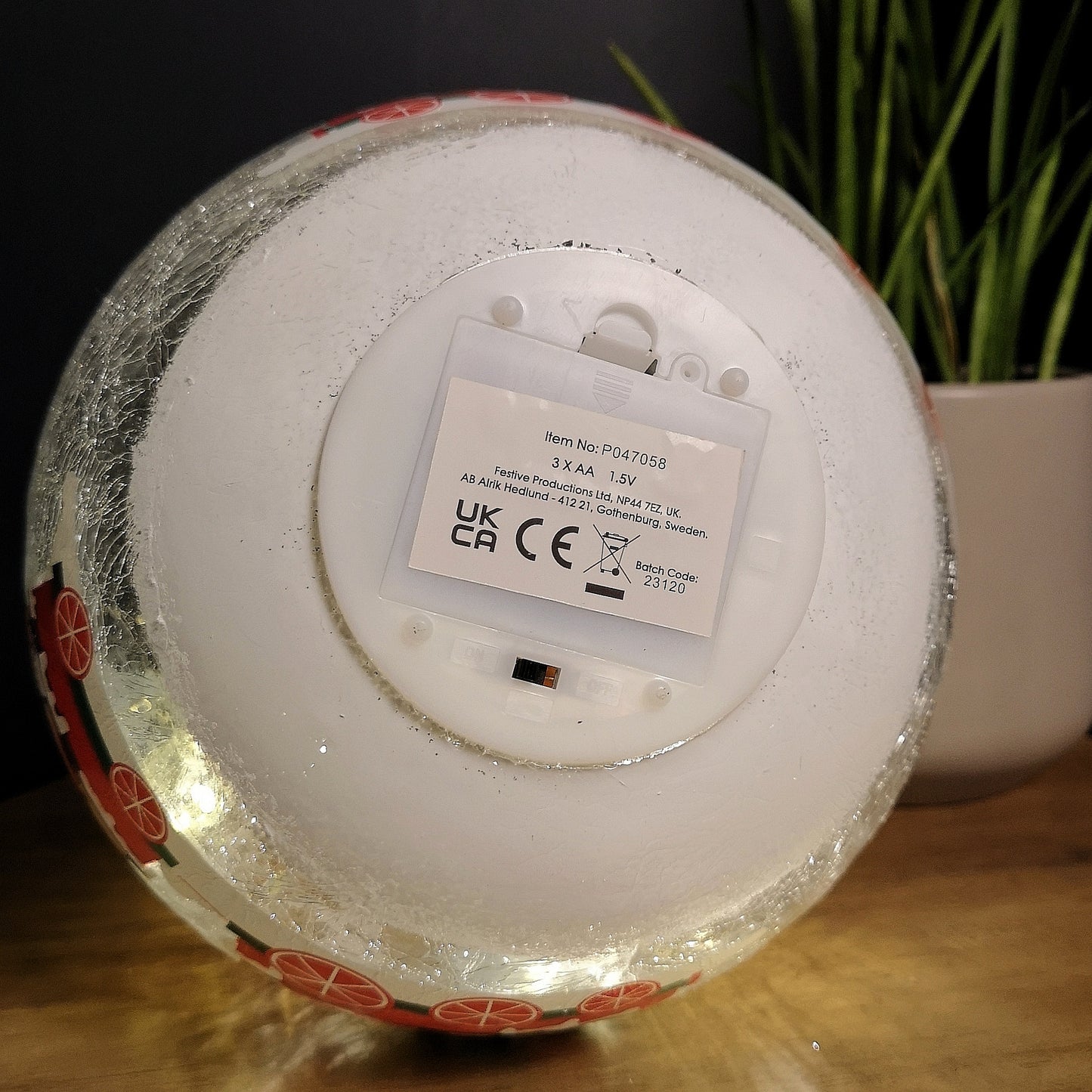 20cm Battery Operated Twinkling Warm White LED Crackle Effect Ball Christmas Decoration with Santa and Friends in Train