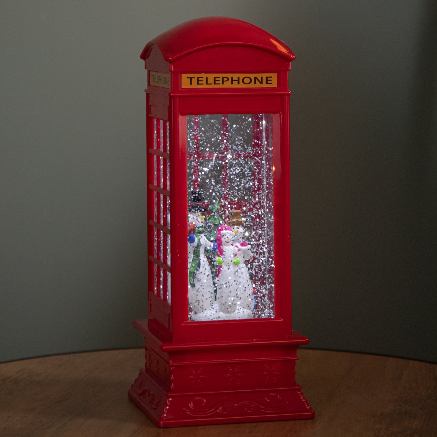 26cm Dual Powered Light up Red Telephone Box Christmas Water Spinner with Snowman Scene