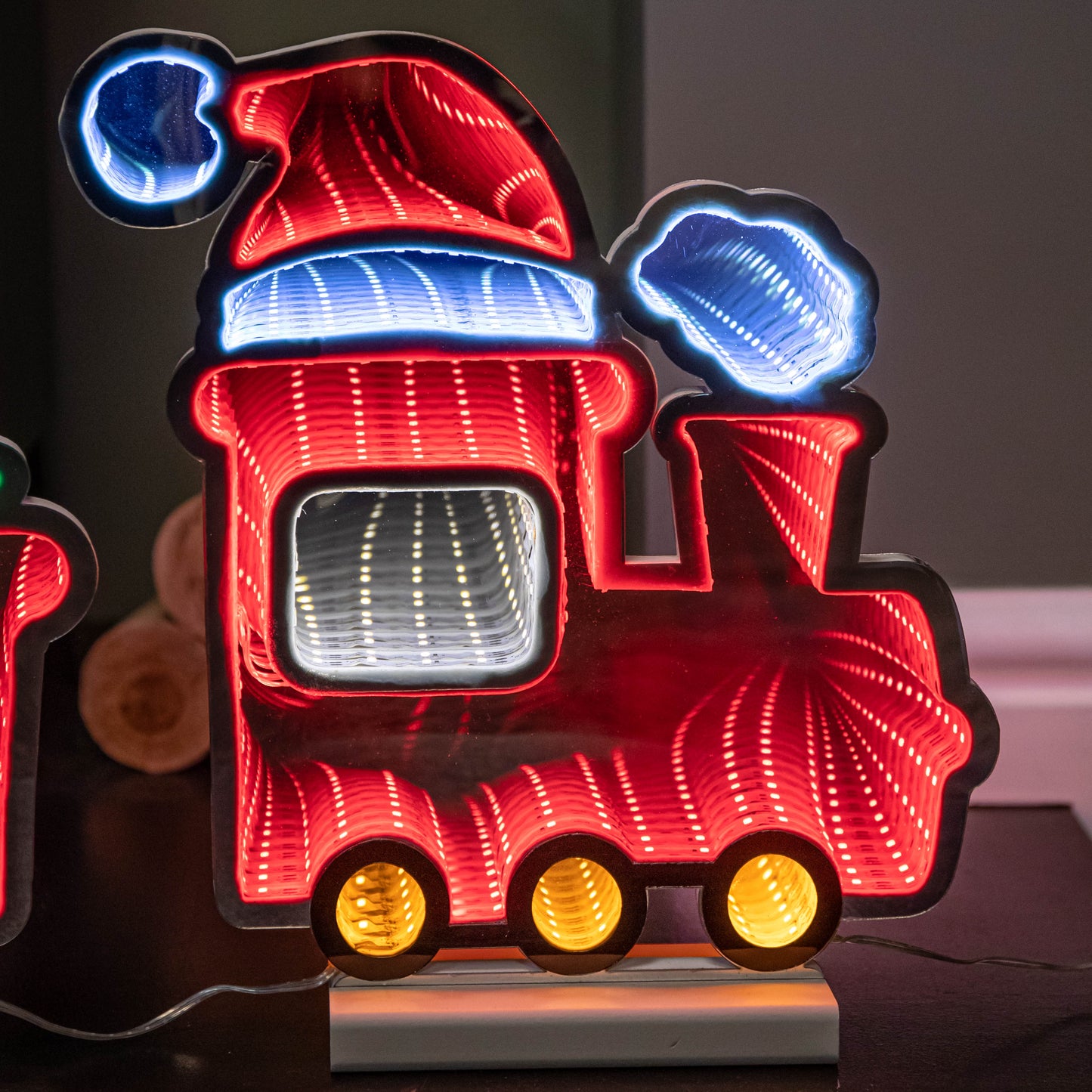 70cm Infinity Christmas Train with 2 Carriages on Wood Base and Multi-Coloured LEDs