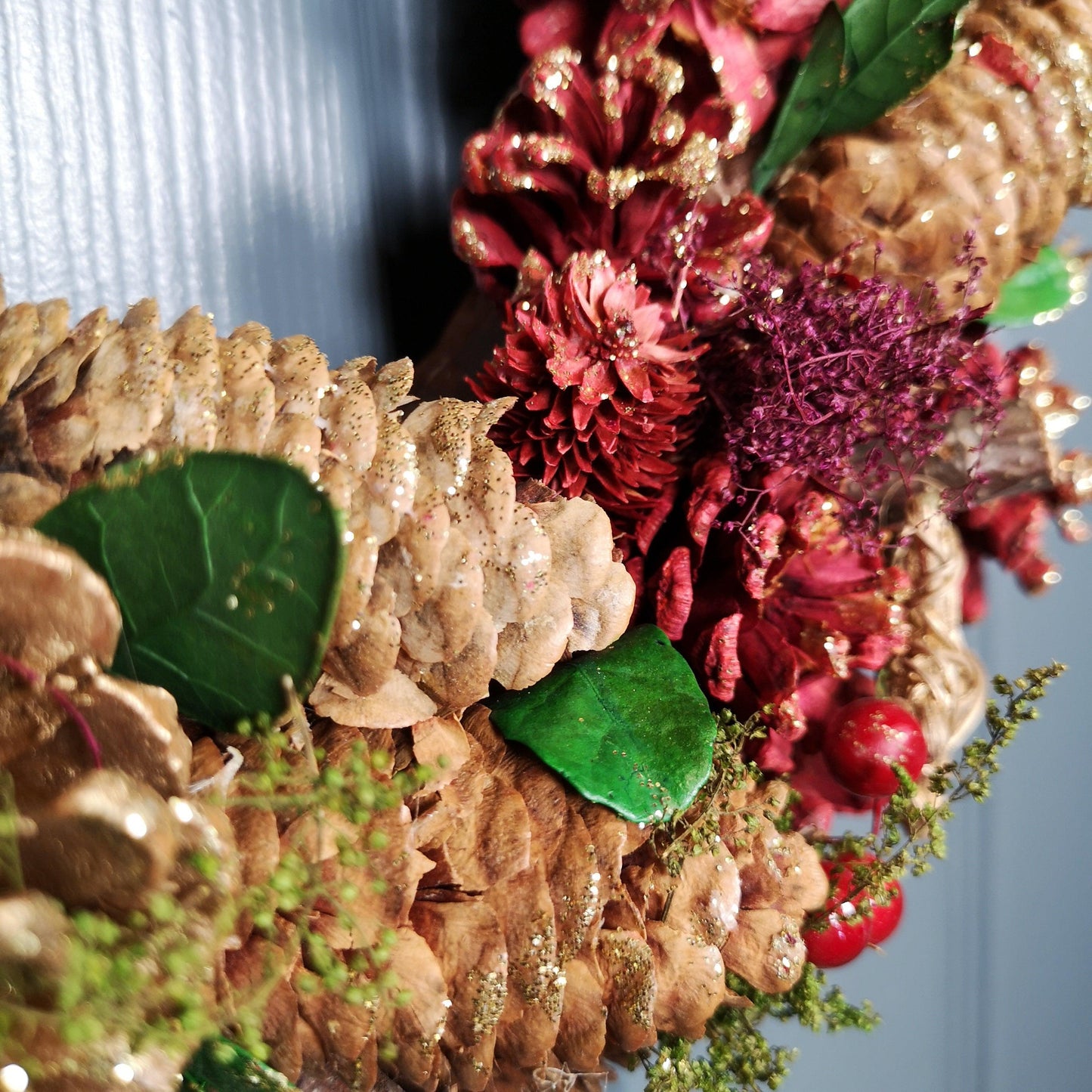 36cm Christmas Wreath in Gold & Red with Pine Cones and Berries