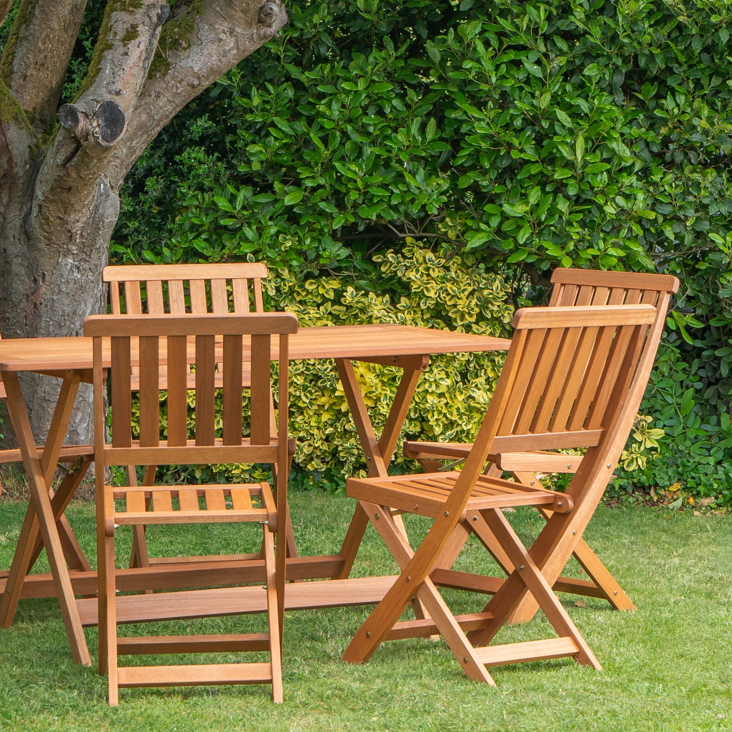 Outdoor 6 Person Folding Rectangular Wooden Garden Dining Table Chairs Parasol and Base set