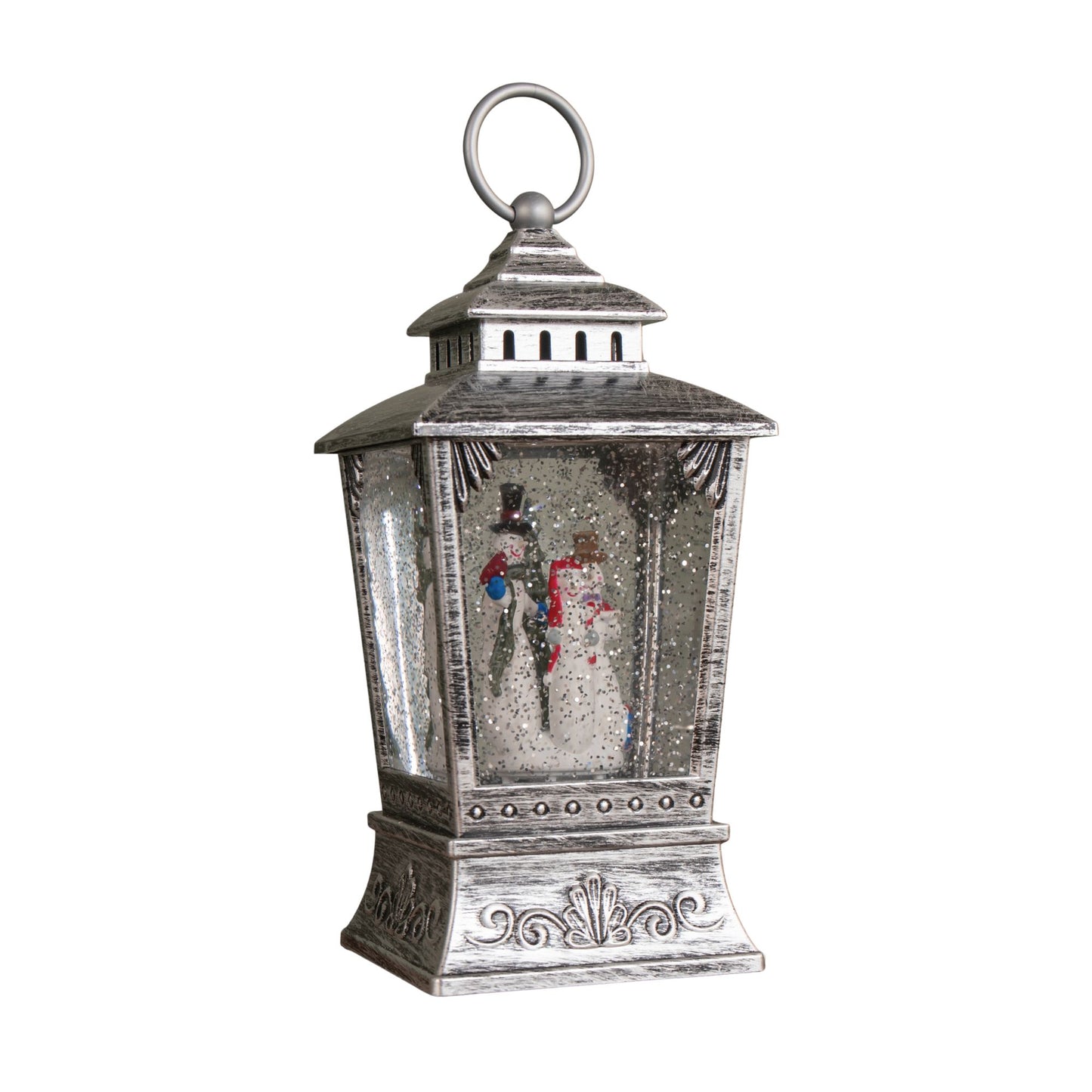 24cm Antique Trapezoid Lantern Glitter Water Spinner with Snowman Christmas Decoration