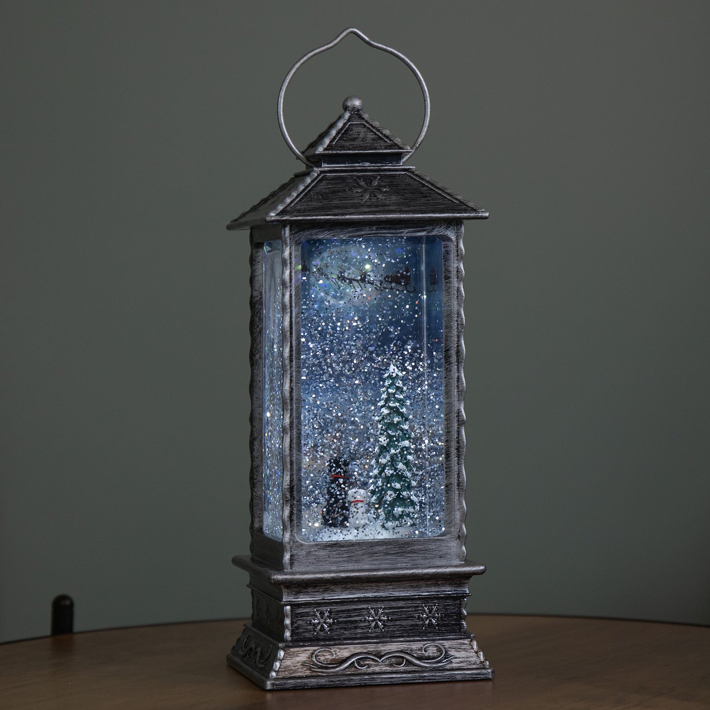 27cm Dual Powered Light up Antique Silver Christmas Water Spinner with Dogs & Flying Sleigh Scene