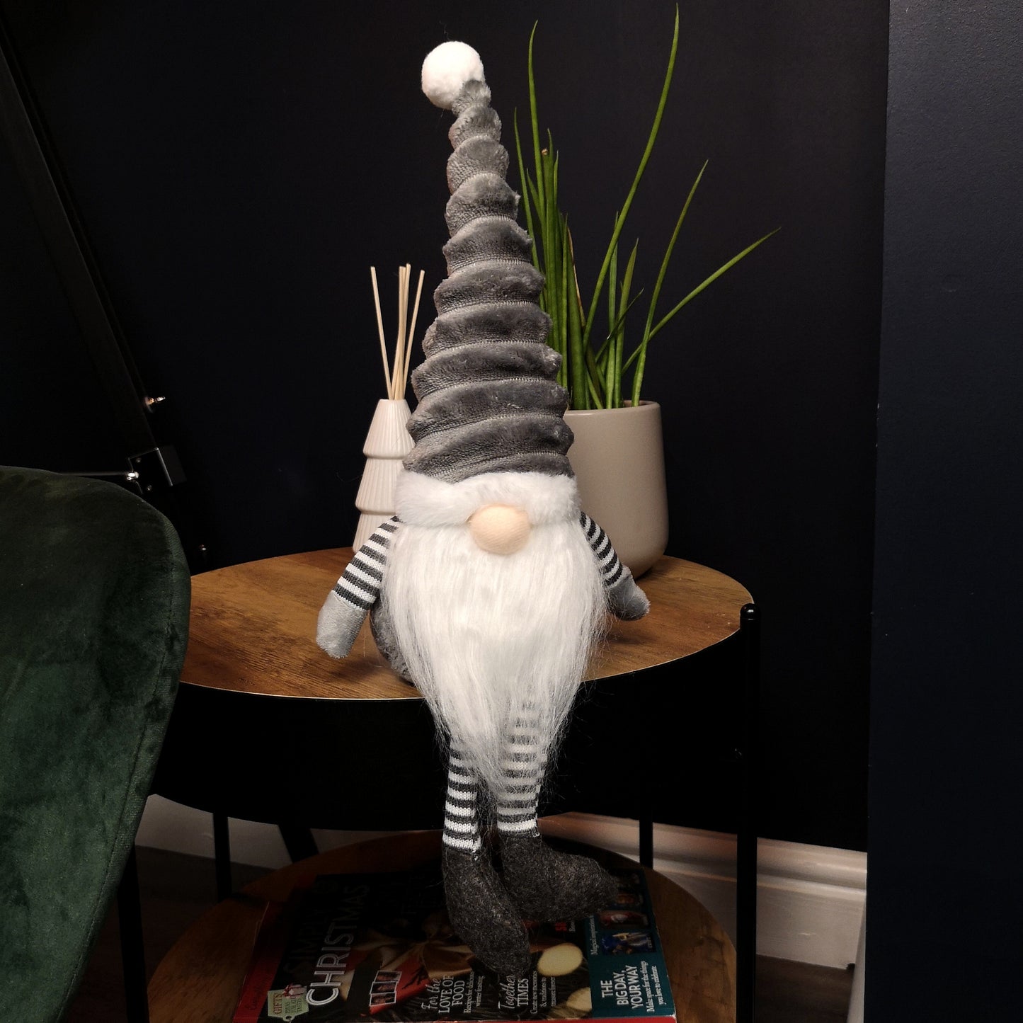 46cm Grey Plush Sitting Gonk Christmas Decoration with Stripey Dangly Legs