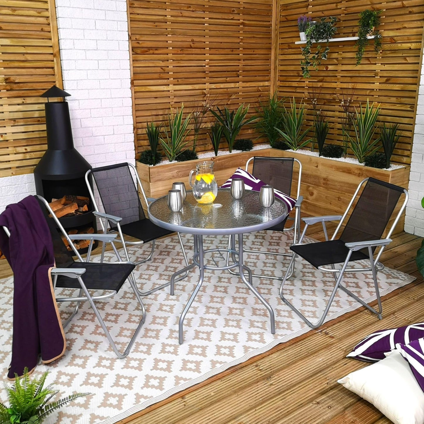 Factory Seconds: Samuel Alexander 4 Seater Garden Table And Chairs Set 4 Folding Chairs Outdoor Glass Table Garden Dining Set With Black Parasol Umbrella Patio Furniture Set