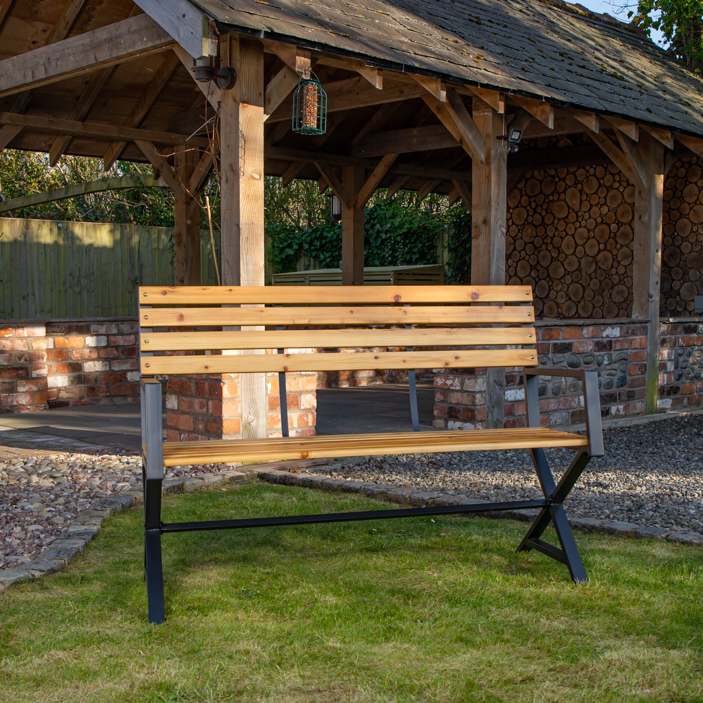 Kendal 2 Person Outdoor Modern Cross Design Metal Wooden Garden Patio Bench