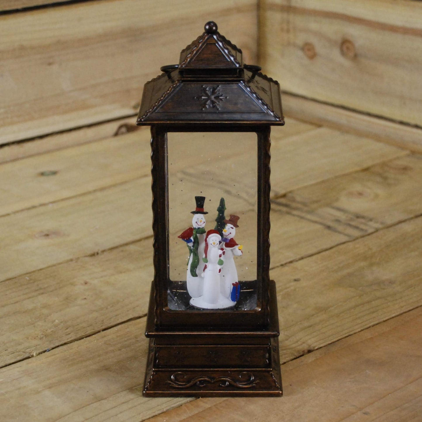 27cm Dual Power LED Christmas Glitter Water Spinner Rustic Lantern Snowman Scene