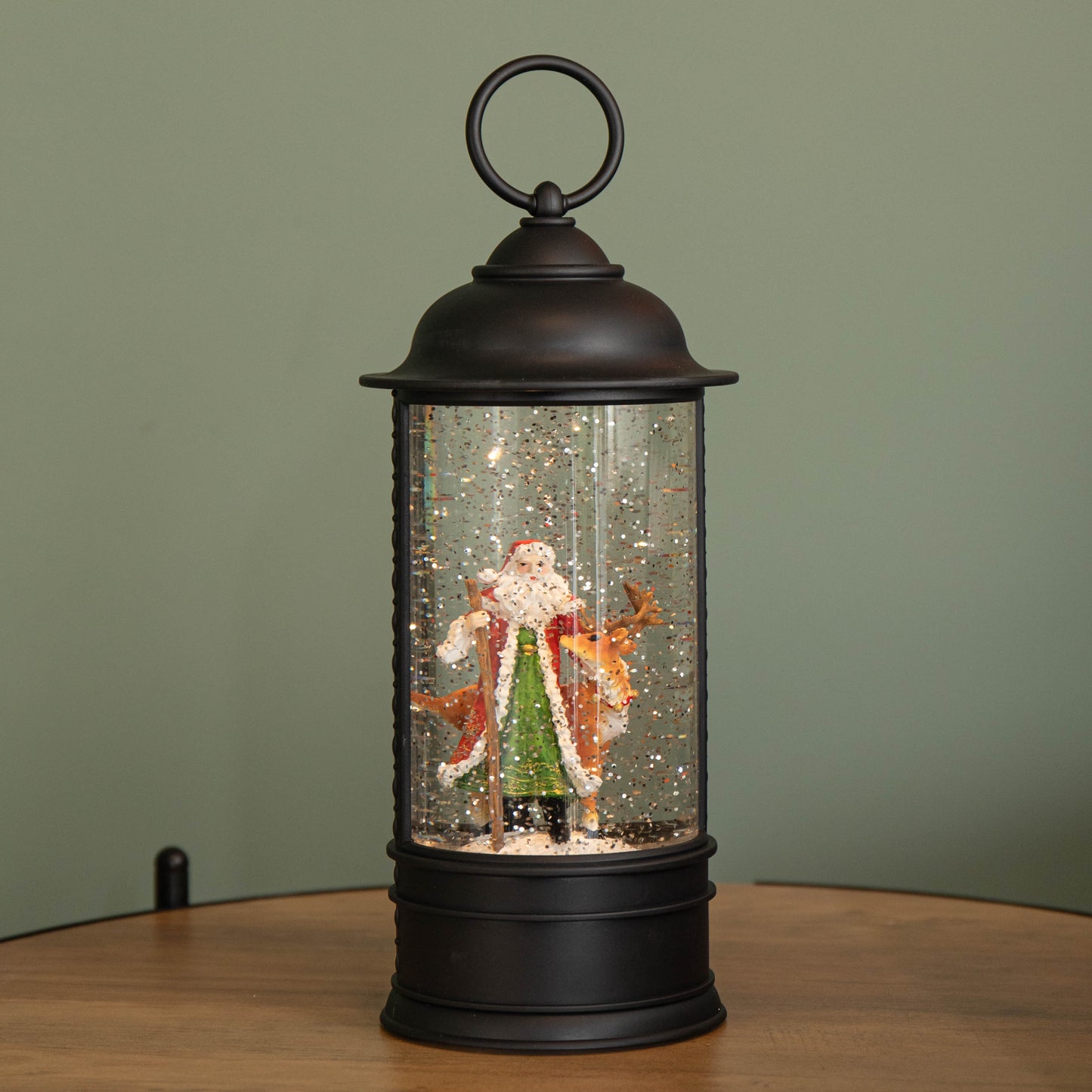29cm Dual Power LED Christmas Glitter Water Spinner Black Lantern Santa & Reindeer Scene