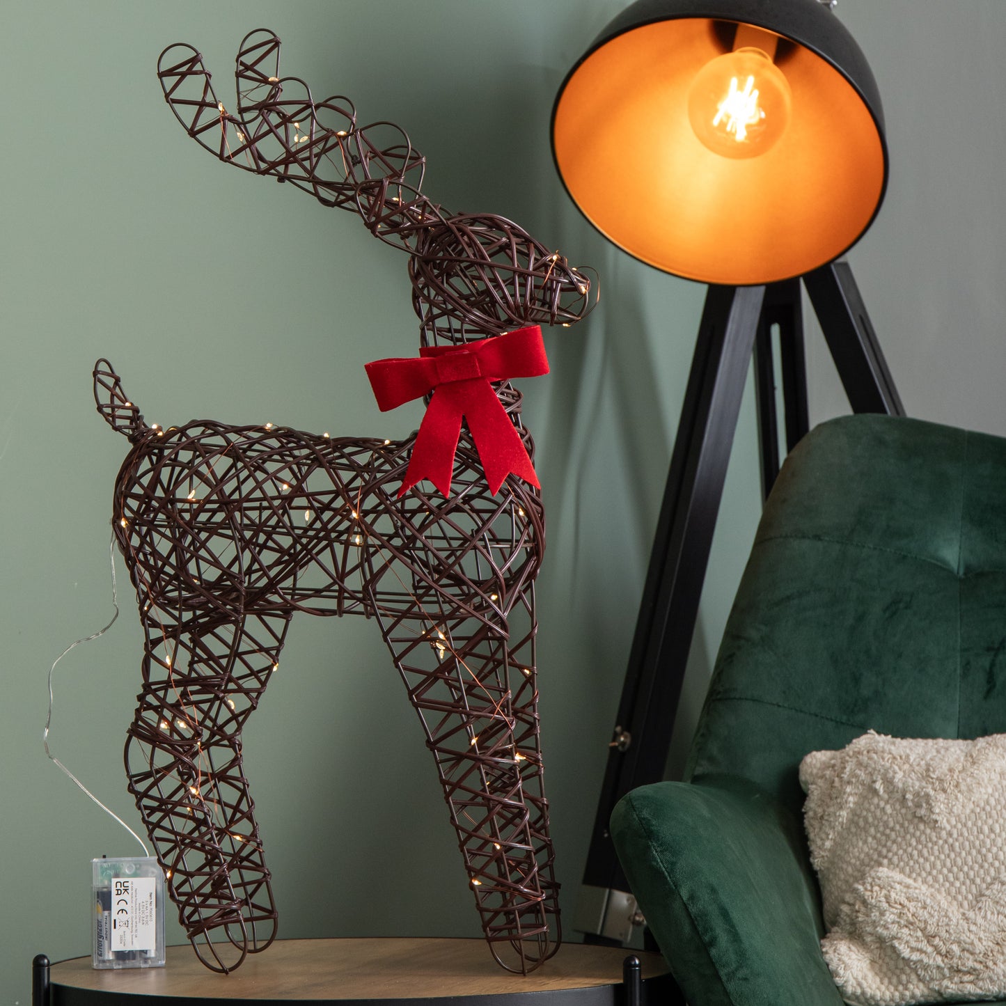 60cm Battery Operated Light up Christmas Reindeer with Red Bow & Warm White LEDs