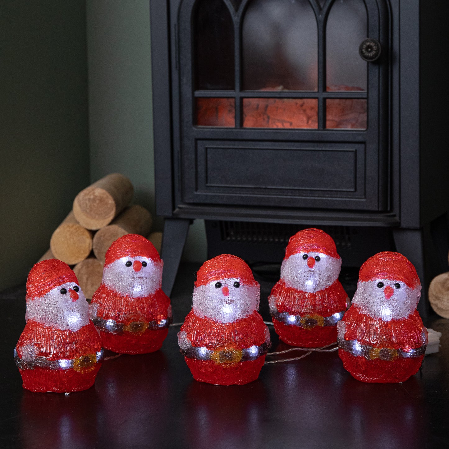 14cm Set of 5 Battery Operated Light up Christmas Santa Ornaments with 40 Cool White LEDs