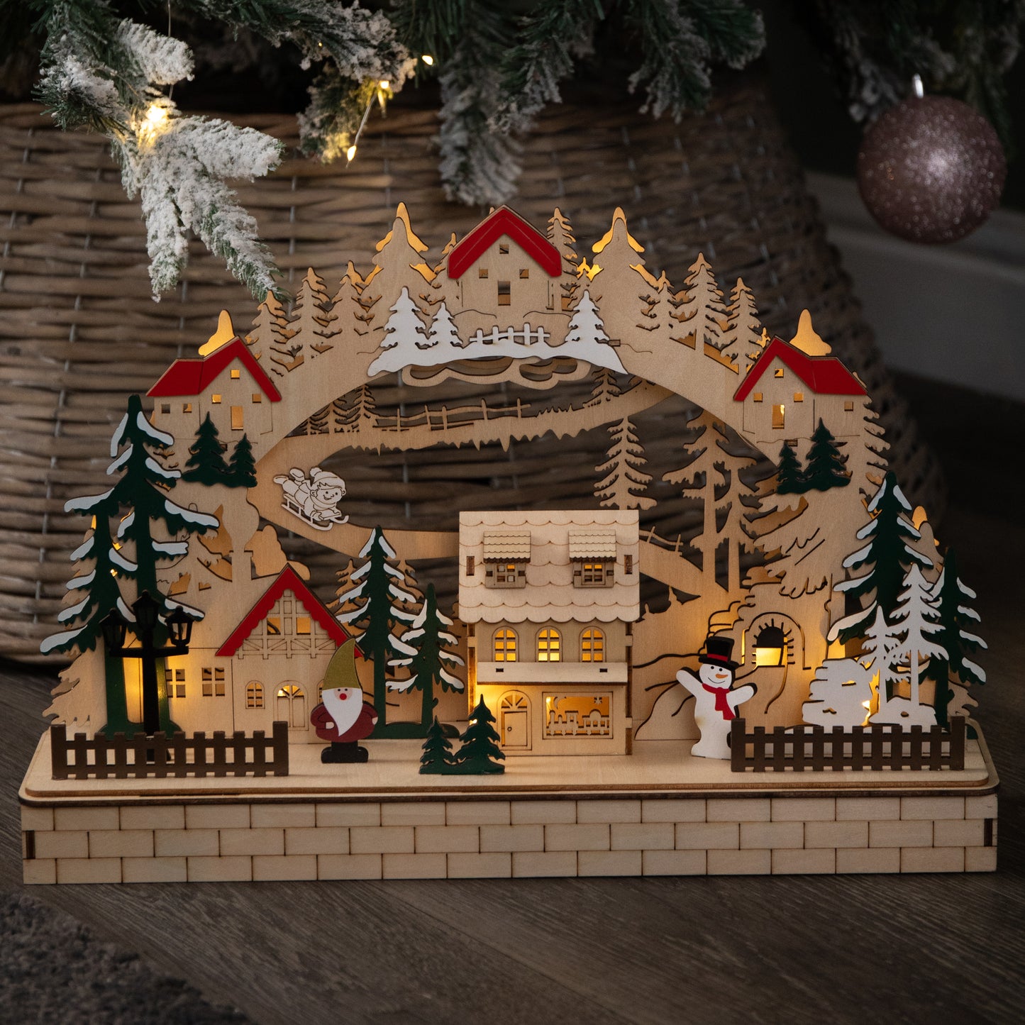 40cm Battery Operated Wooden Christmas Alpine Scene with LEDs