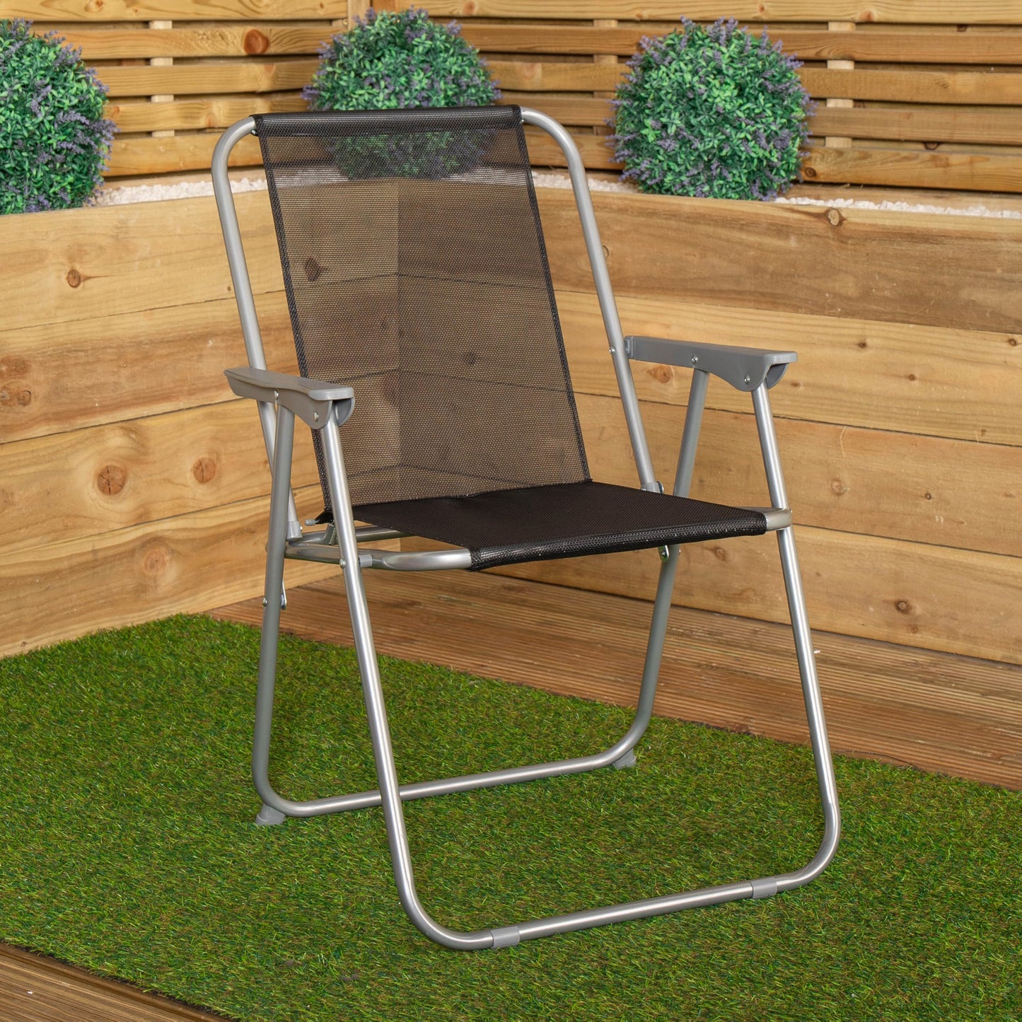 Factory Seconds: 2 x Foldable Garden Chairs Fixed position garden chairs with grey frame and black fabric