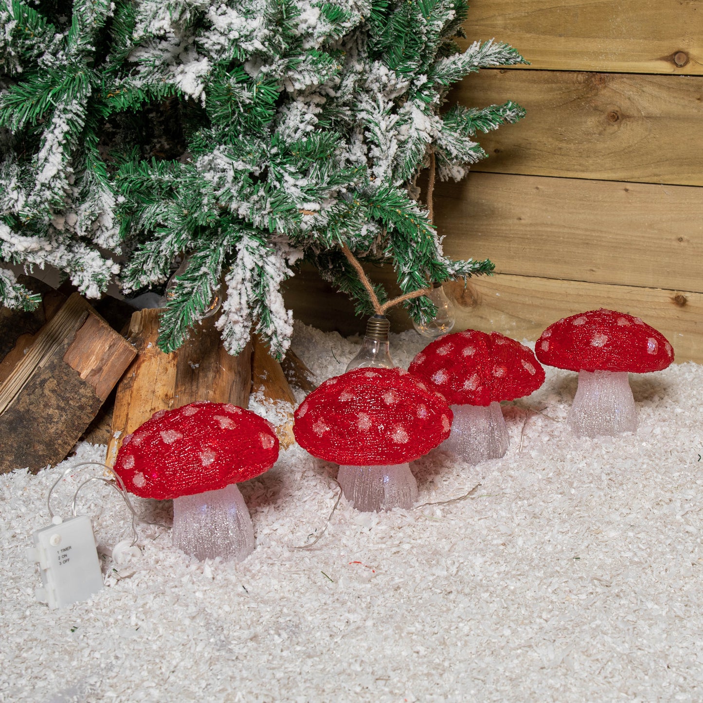 Set of 4 Battery Operated Red & White Acrylic Christmas Mushrooms with Cool White LEDs