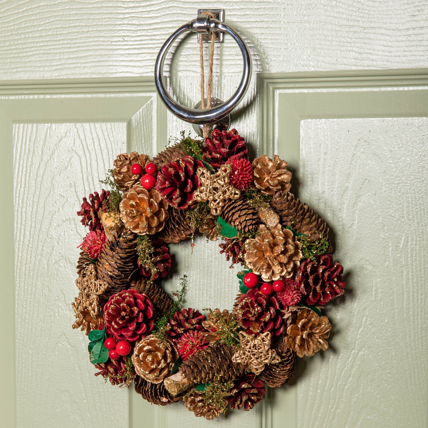 30cm Red Hanging Christmas Wreath with Red Berries and Pinecones