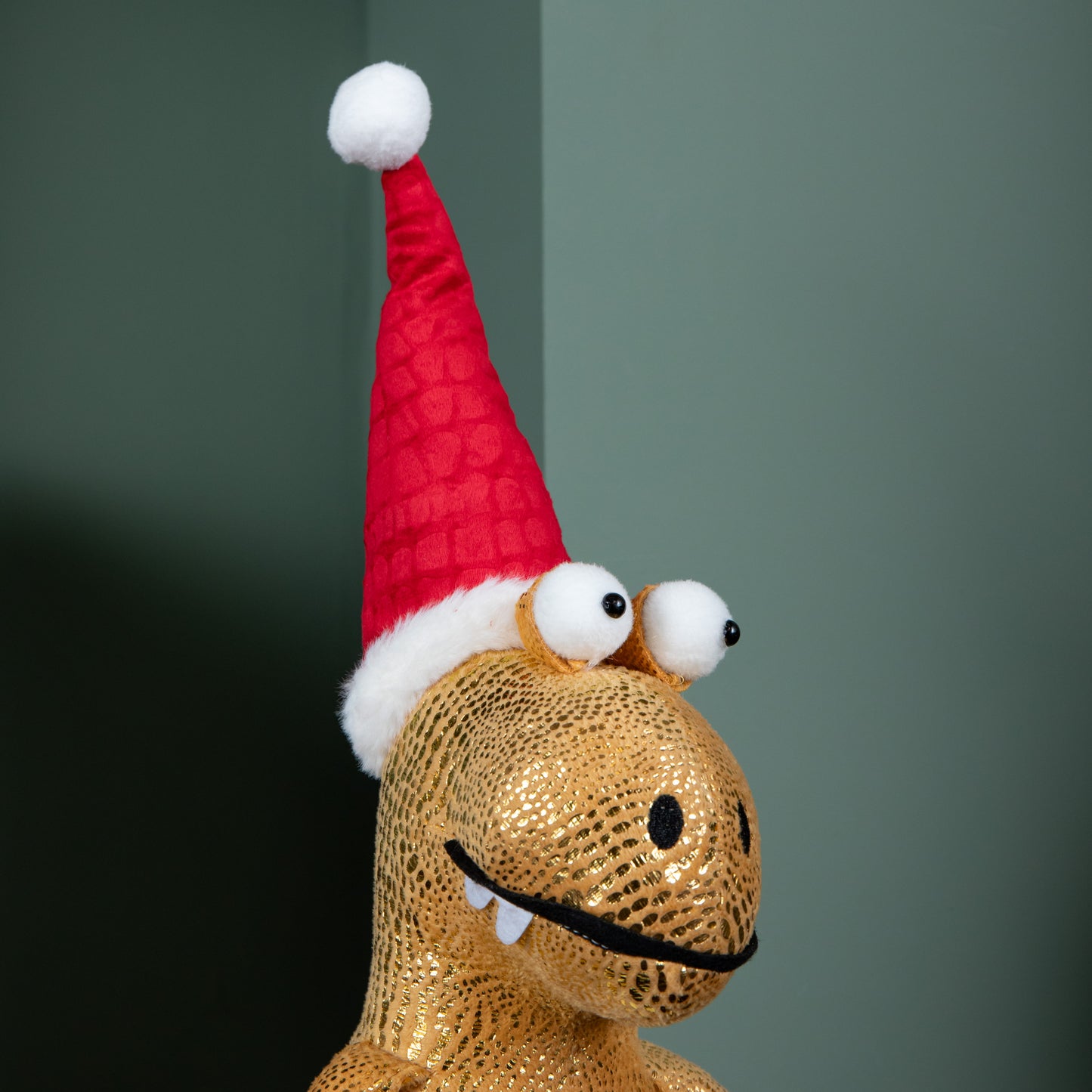 60cm Gold Plush Tyrone-Rex Dino Standing Christmas Decoration with Santa Hat