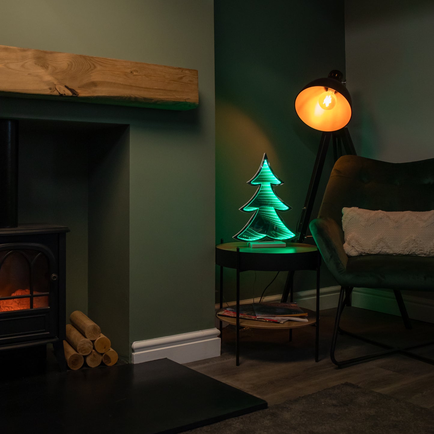 40cm Infinity Light up Christmas Tree Decoration with Green LEDs on Wooden Base