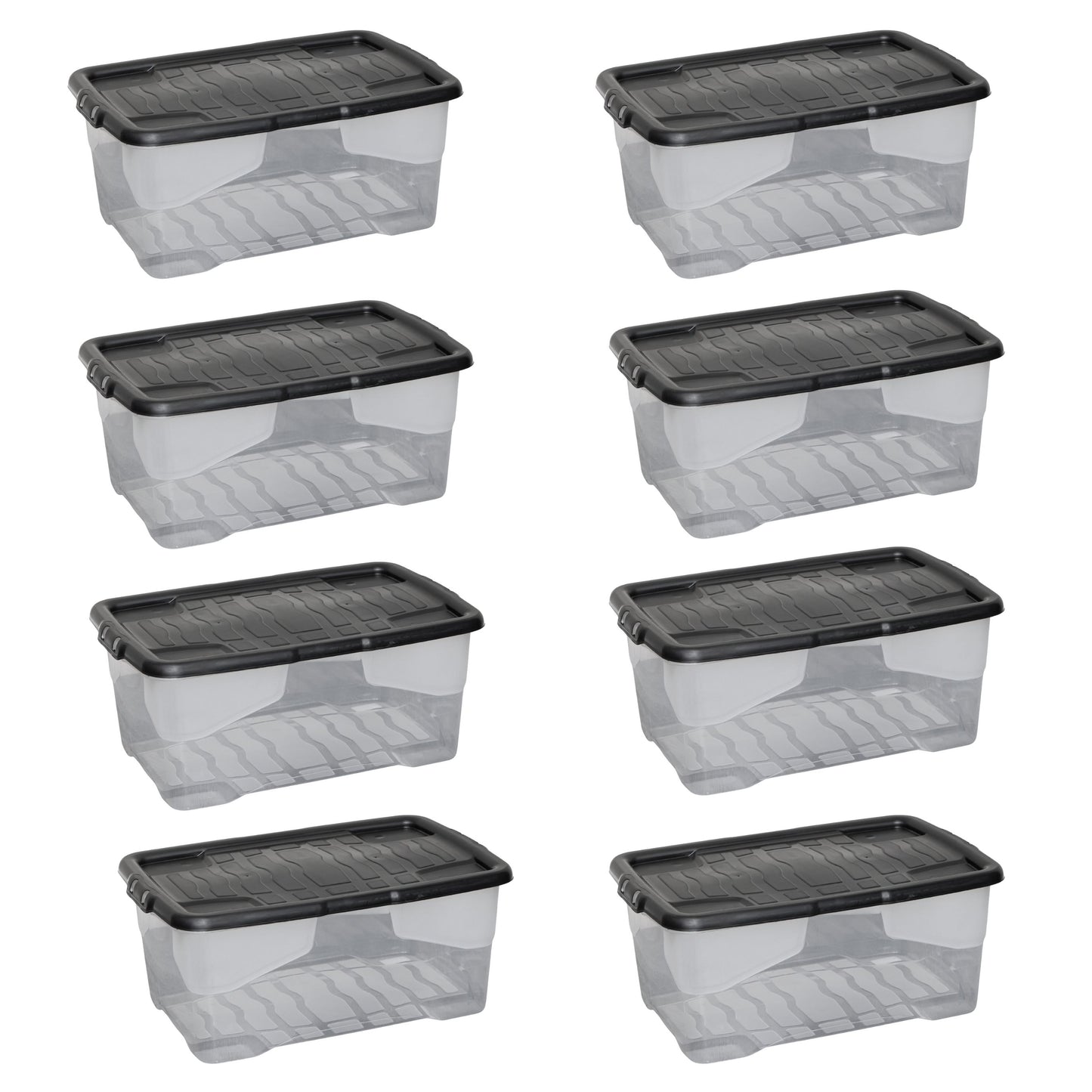 8 x 42L Clear Storage Box with Black Lid, Stackable and Nestable Design Storage Solution