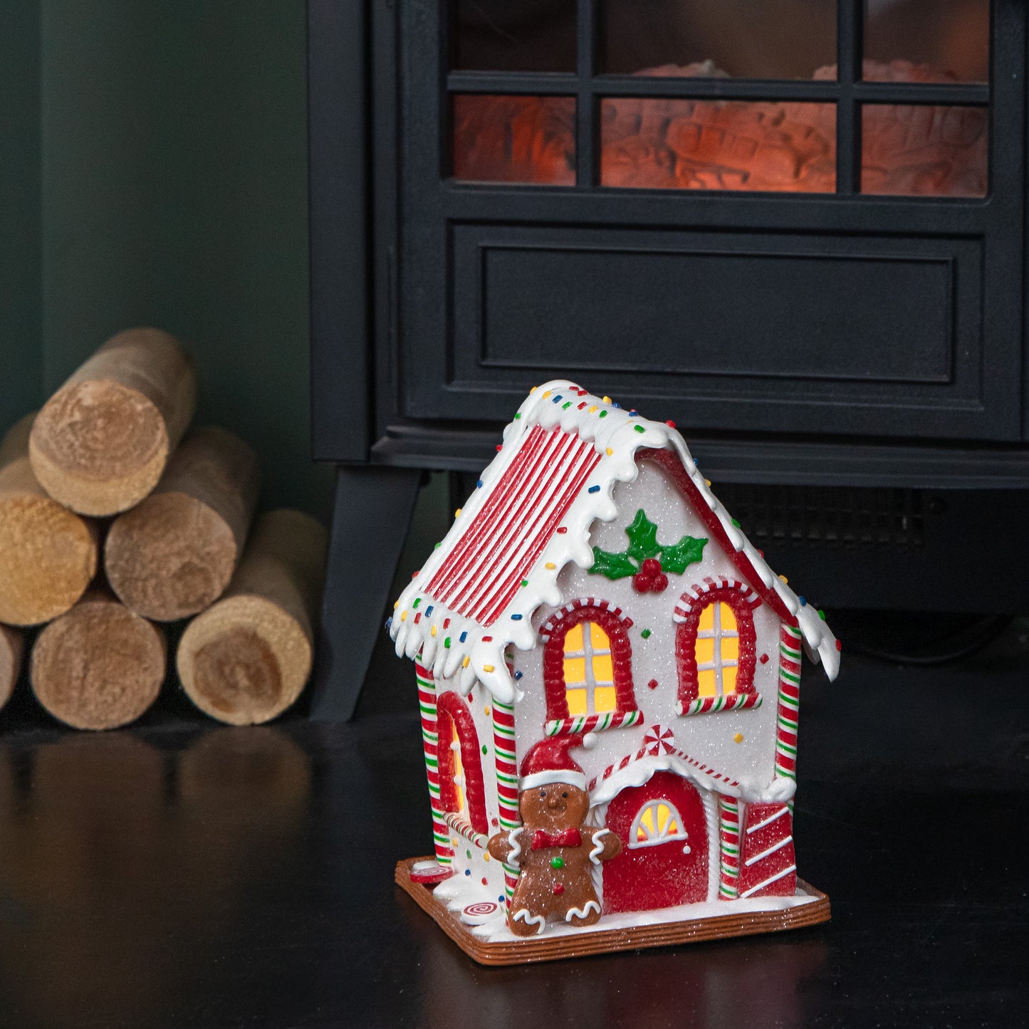 20cm Battery Operated Light up Gingerbread Candy Cabin with Warm White LEDs