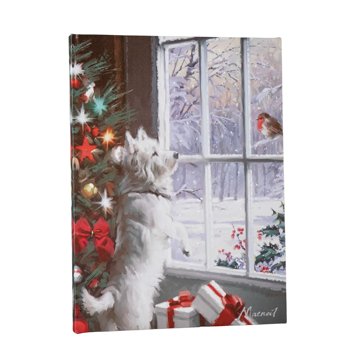 40cm x 30cm Battery Operated Light up Fibre Optic Christmas Dog & Robin Wall Art