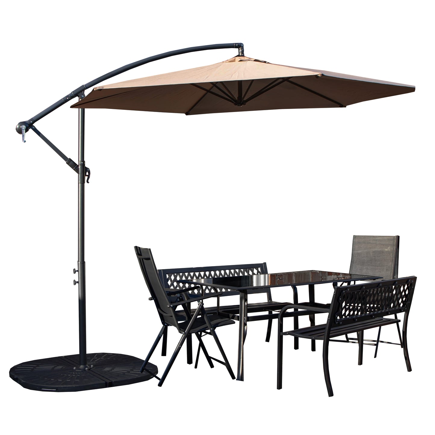 Outdoor 6 Person Rectangular Glass Top Garden Dining Table Benches & Chairs With Beige Banana Parasol and Base