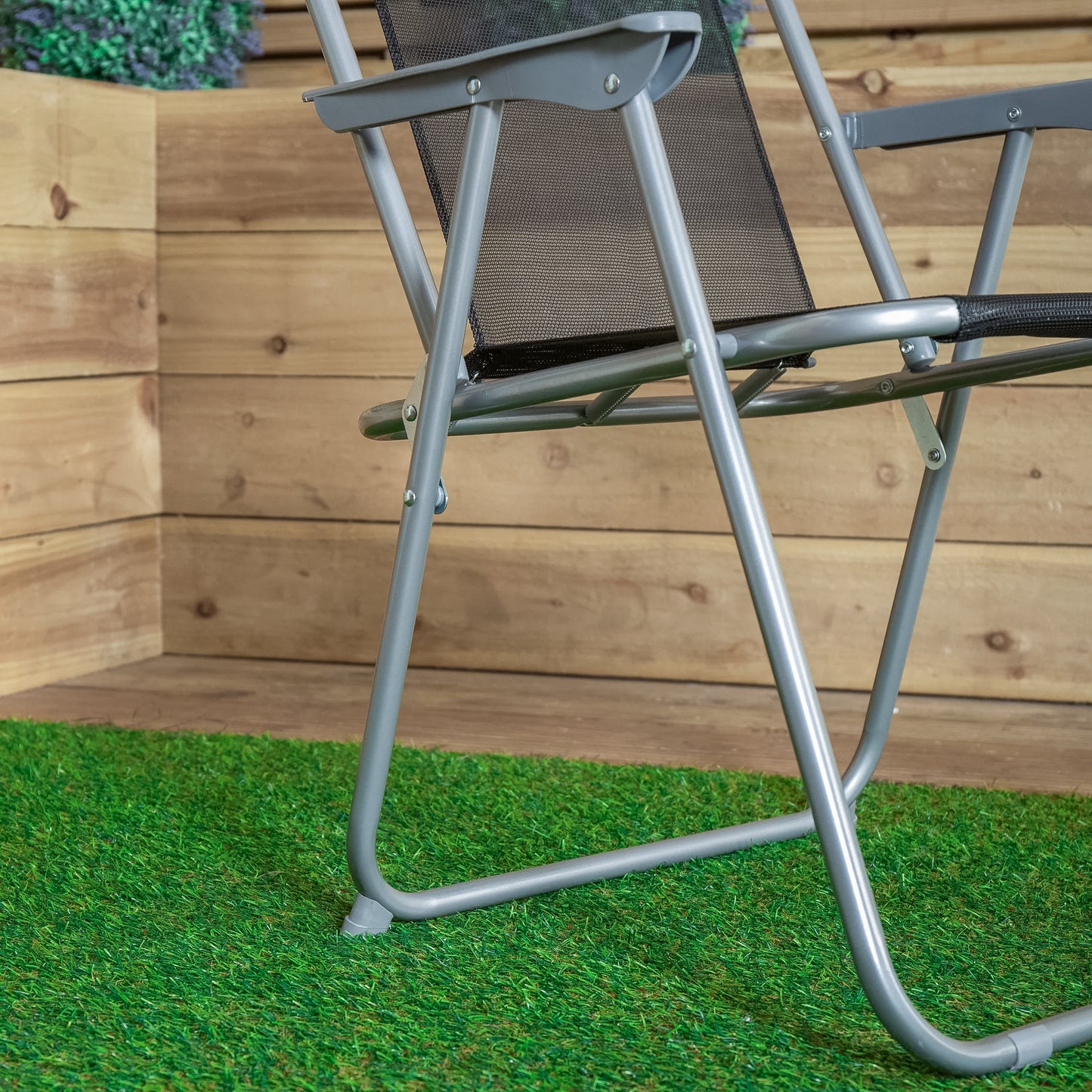 2 x Foldable Garden Chairs Fixed position garden chairs with grey frame and black fabric