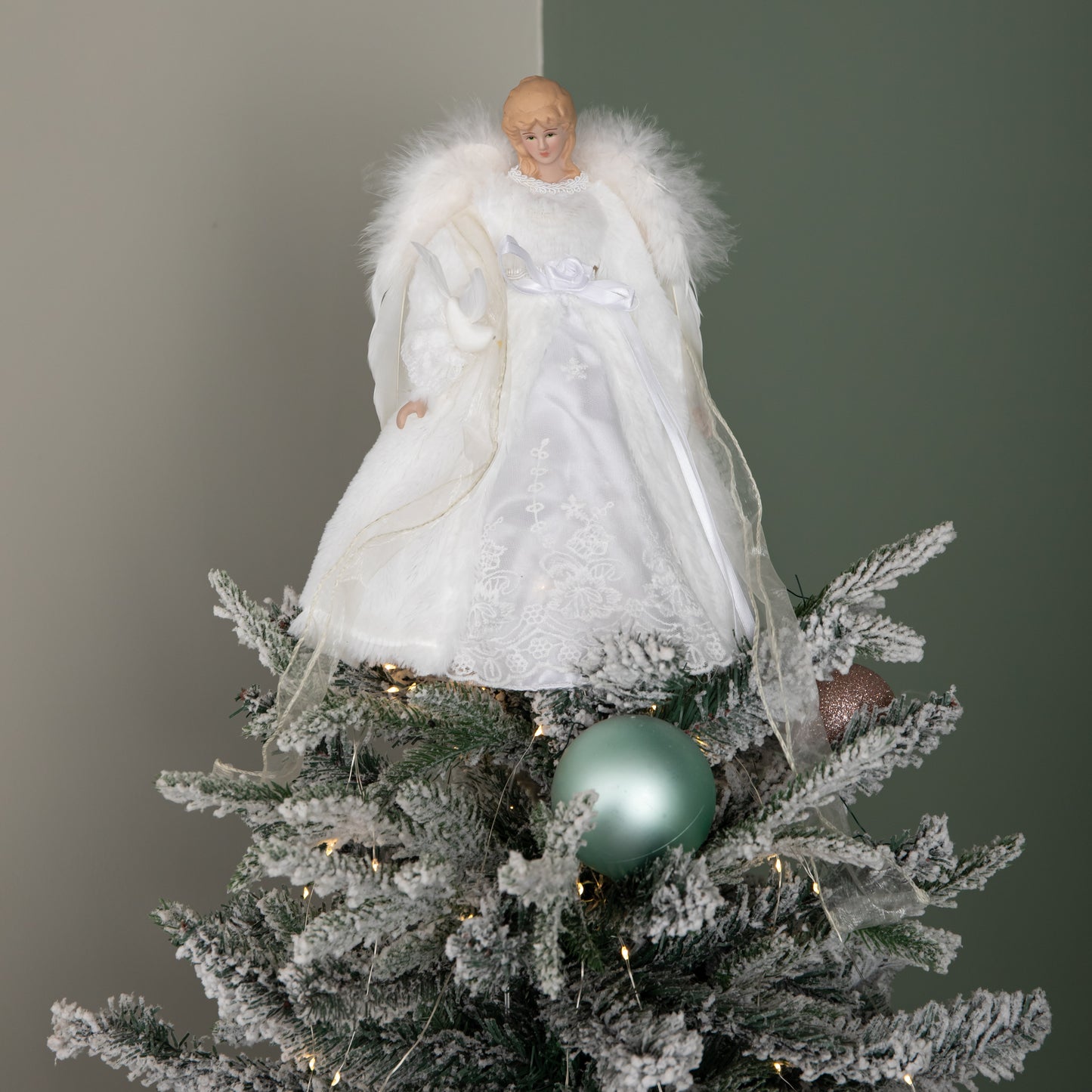 30cm Angel Holding Dove Christmas Tree Topper in White