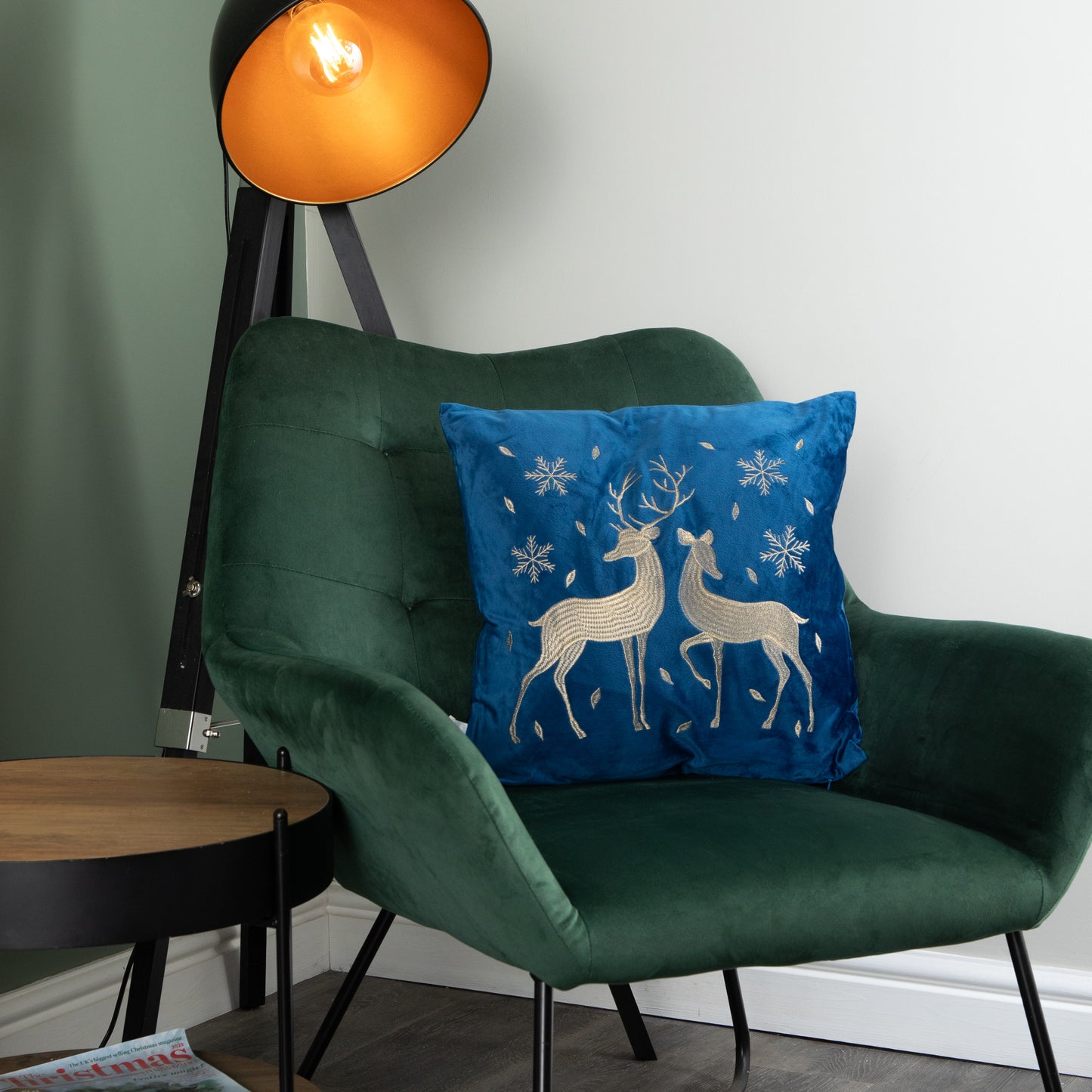 45 x 45cm Soft Fabric Christmas Reindeer Chair Cushion in Sapphire Blue