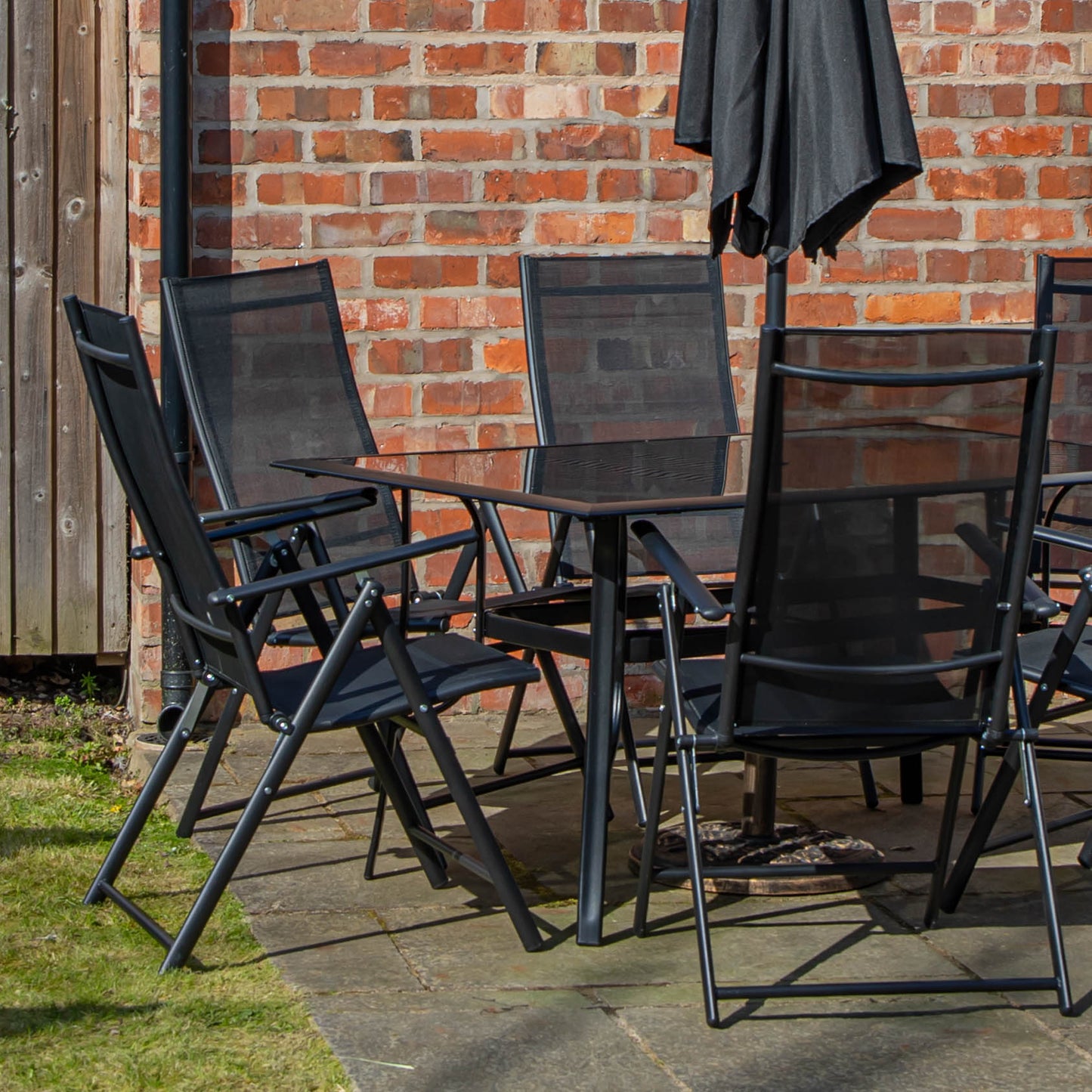 Outdoor 6 Person Rectangular Glass Top Garden Dining Table Chairs With Black Parasol and Base Set
