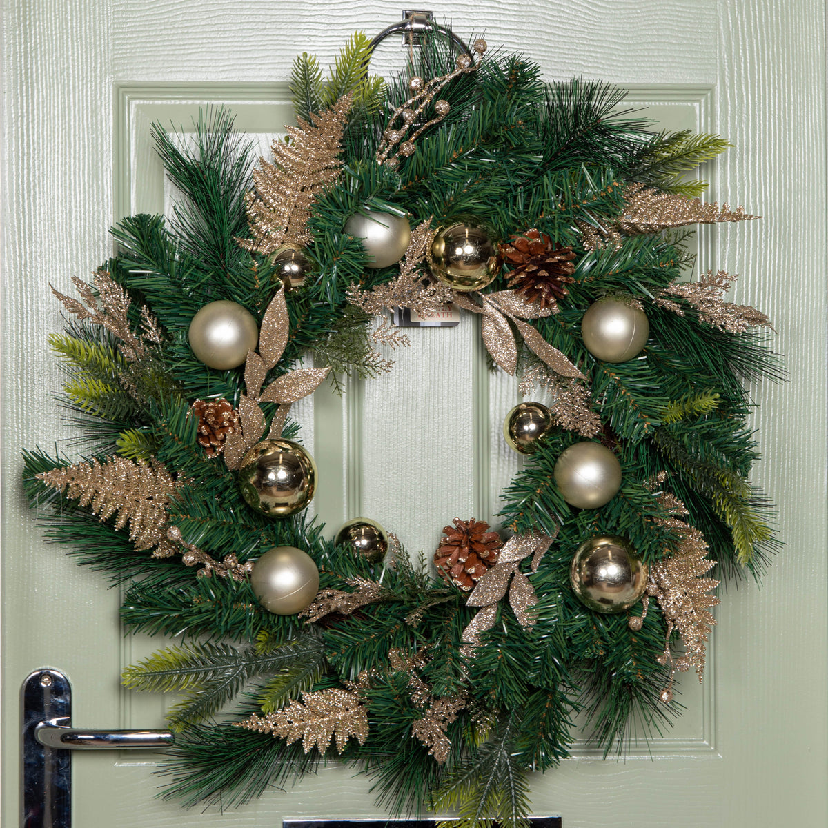 60cm Hanging Christmas Wreath with Gold Baubles, Pinecones & Glitter Berries