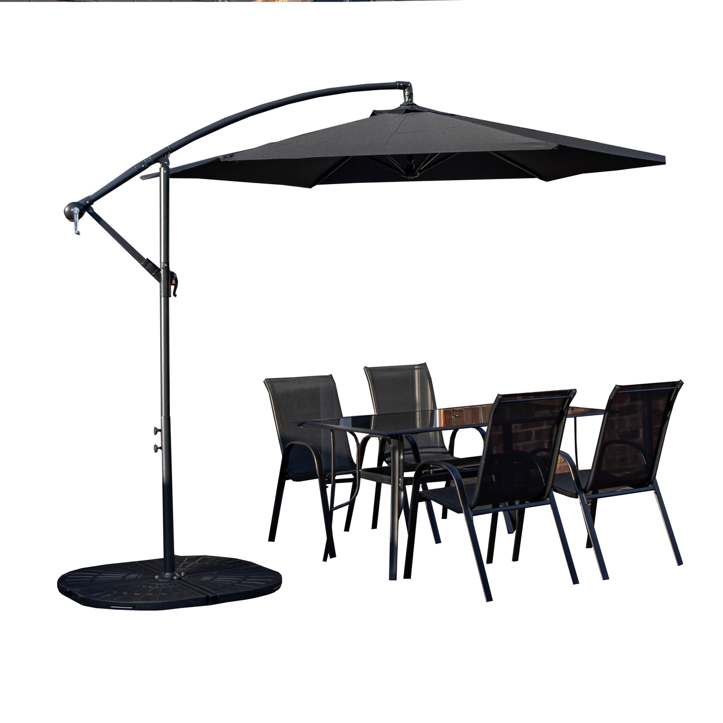 Outdoor 4 Person Rectangular Glass Top Garden Dining Table Chairs With Black Banana Parasol and Base