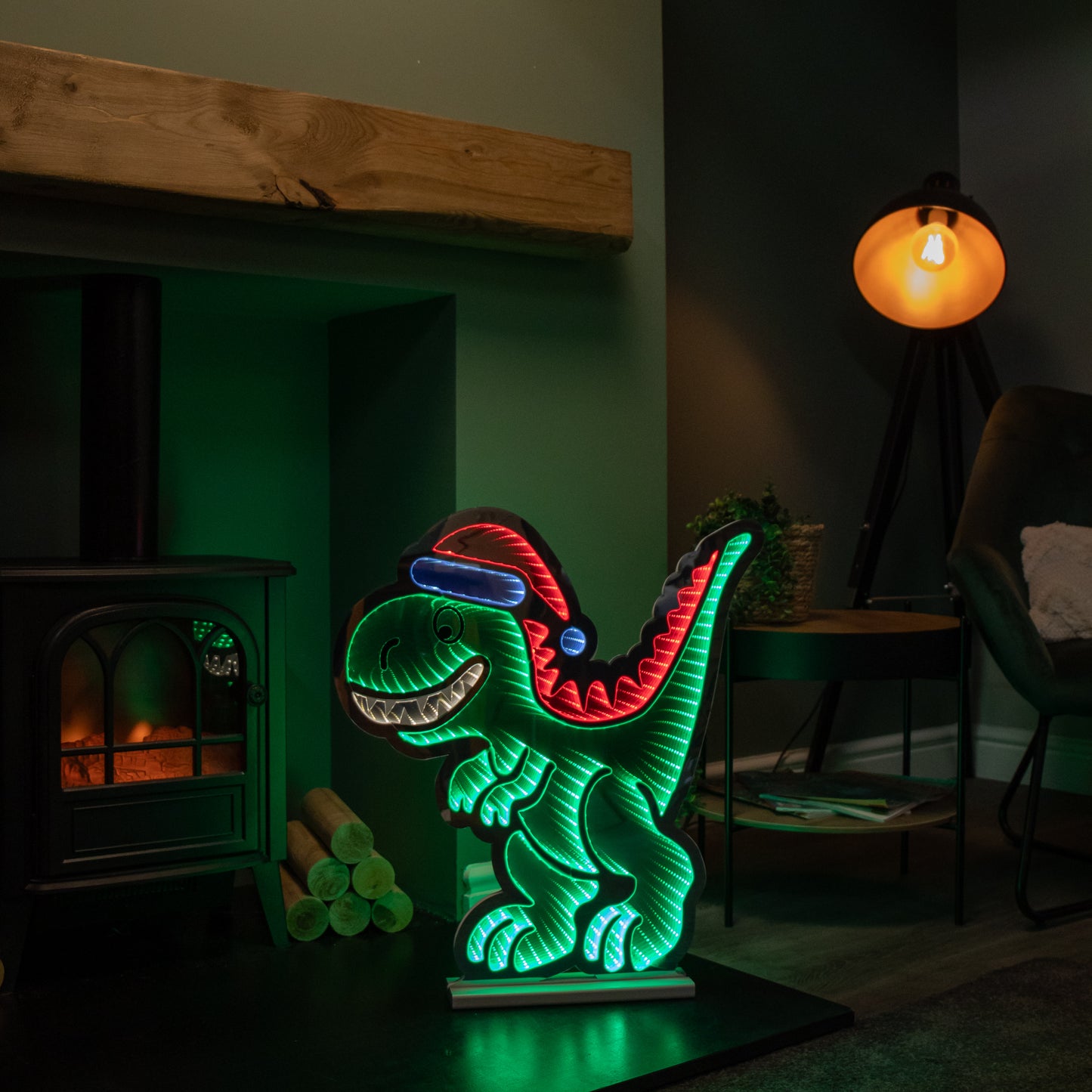 60cm Light up Christmas T-Rex with Santa Hat Infinity Decoration with LEDs