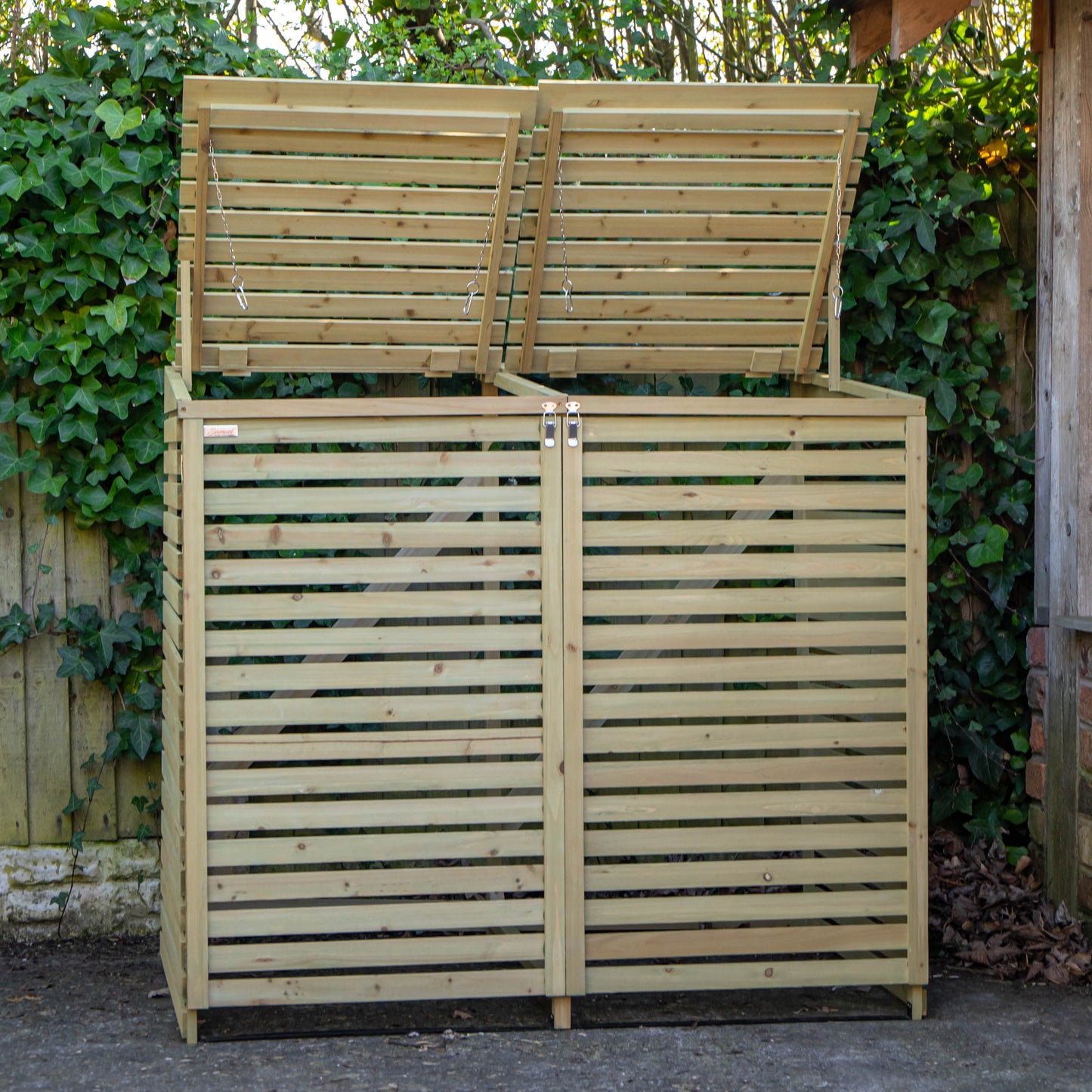 Factory Seconds: 1.34m x 1.2m Large Wooden Outdoor Garden Double Wheelie Bin Store Storage for 2 Bins