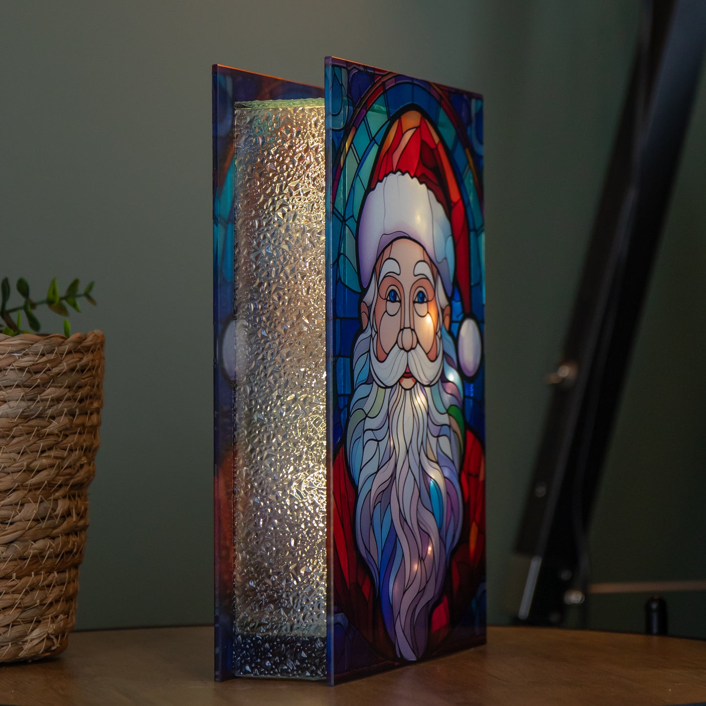 28cm Battery Powered Light up Glass Christmas Decoration with Santa & Warm White LEDs