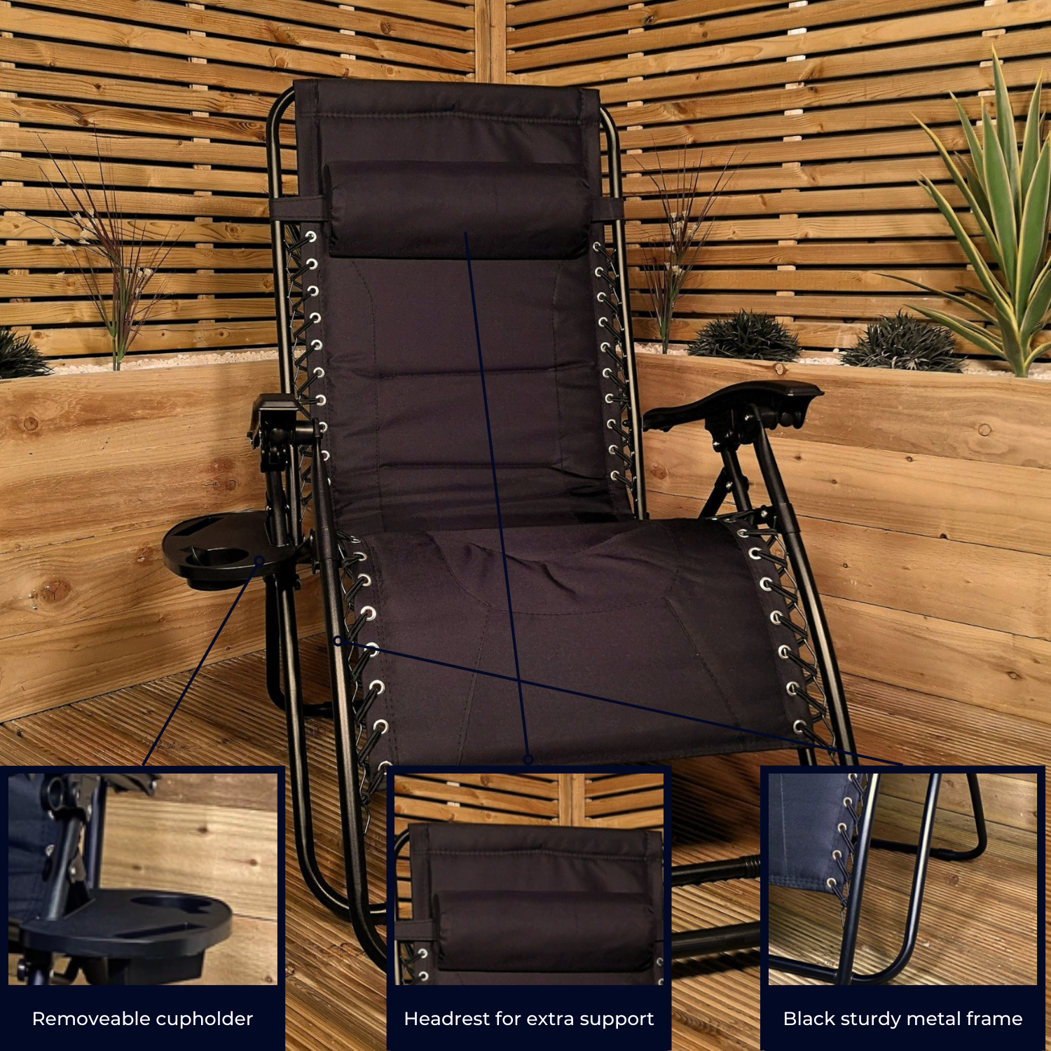 Set of 2 Luxury Padded Multi Position Zero Gravity Garden Relaxer Chair Lounger in All Black