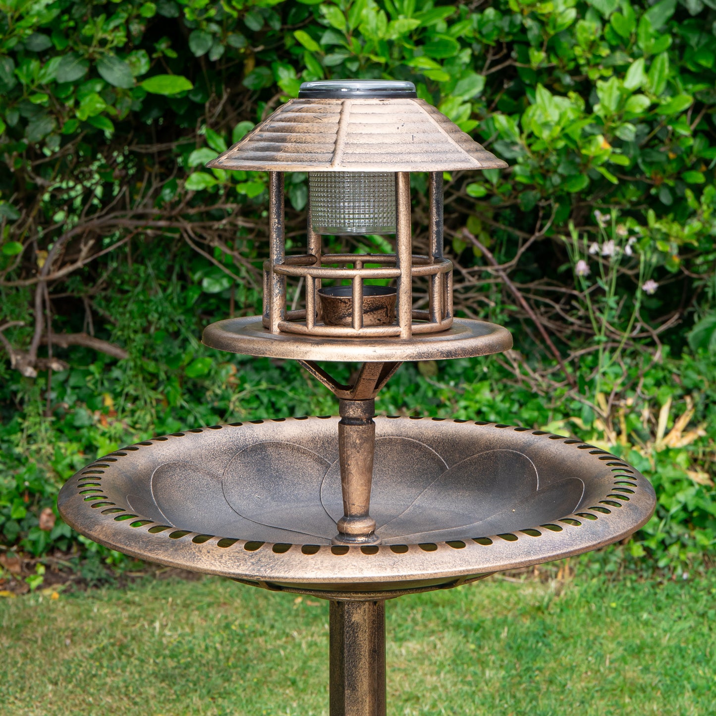 1.1m Bronze Effect Resin Garden Bird Bath & Table with Solar Light