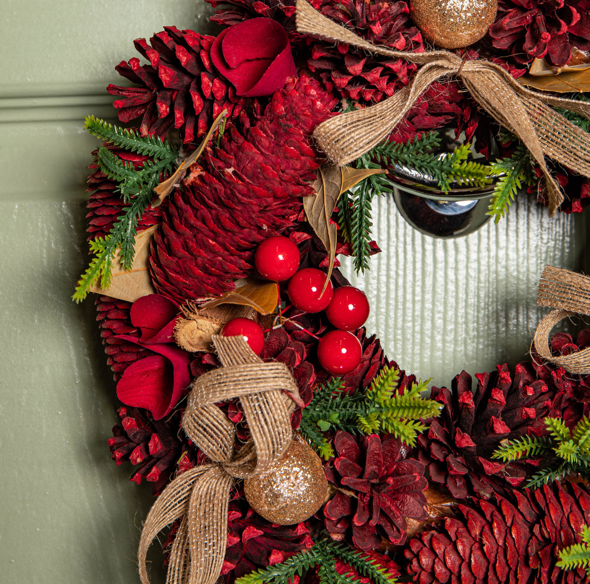 30cm Red Rose Hanging Christmas Wreath with Pinecones & Red Berries