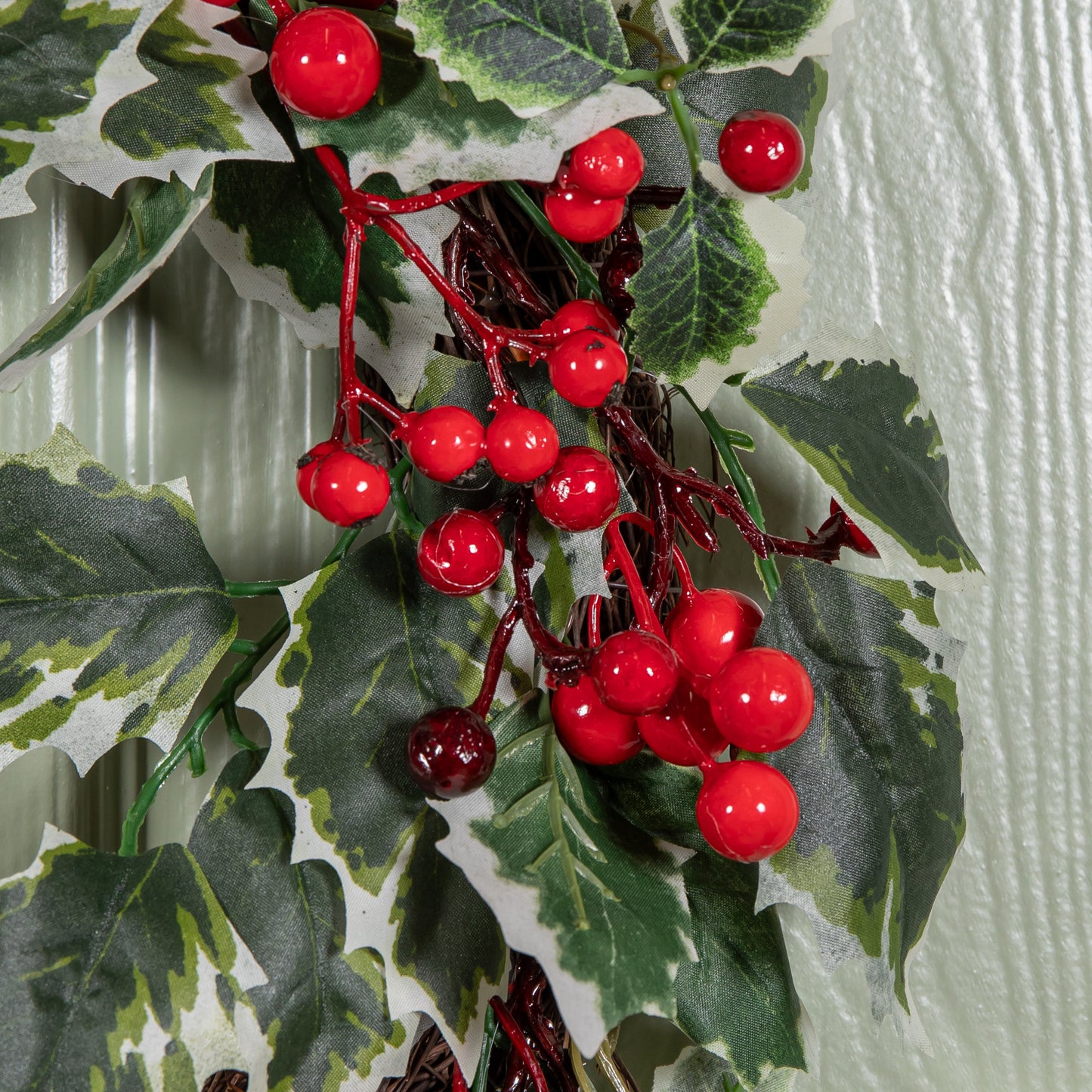 40cm Hanging Christmas Wreath with Red Berries and Holly Leaves