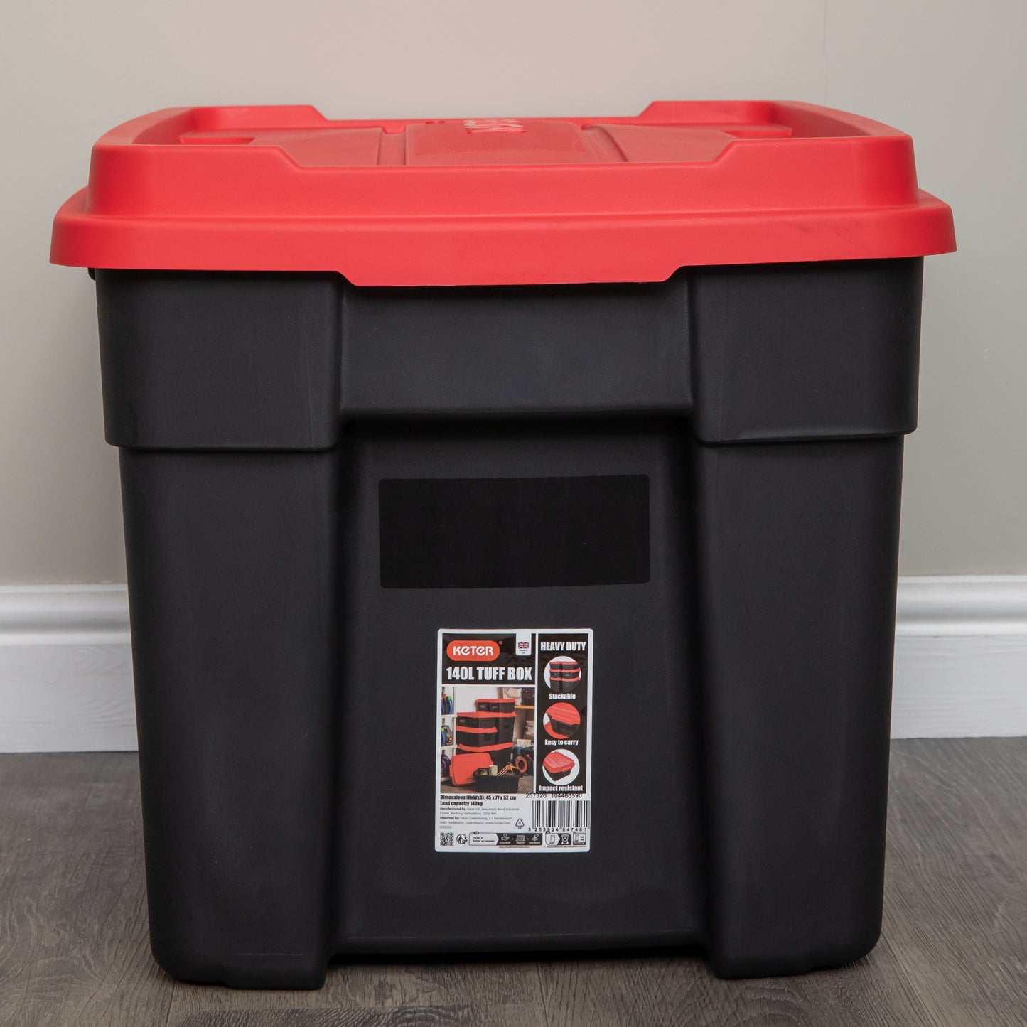 140L Black and Red Tuff Stackable Storage Box with Lid and Carry Handles